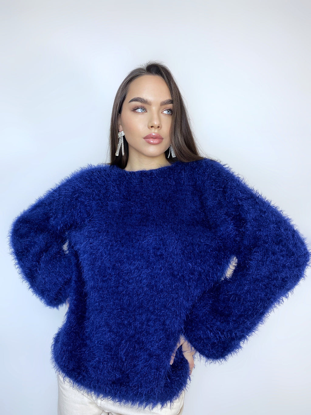 Dark blue wool free soft fluffy handknit body friendly sweater Open back Deep V-neckline Analogue of angora yarn pullover Loose fit oversize