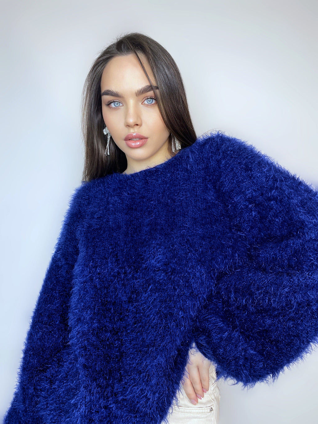Dark blue wool free soft fluffy handknit body friendly sweater Open back Deep V-neckline Analogue of angora yarn pullover Loose fit oversize