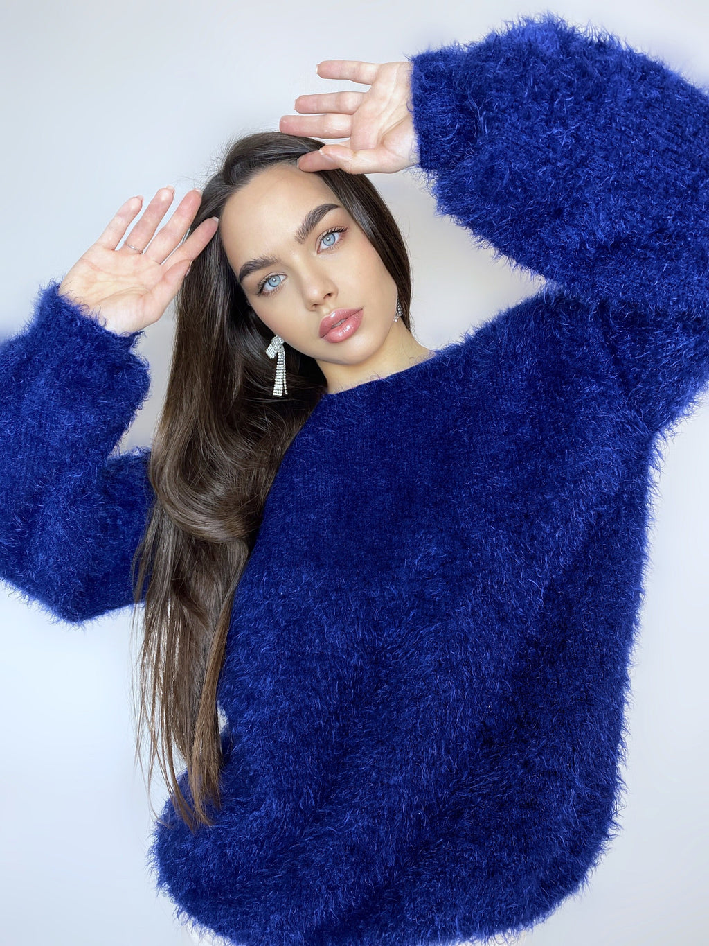 Dark blue wool free soft fluffy handknit body friendly sweater Open back Deep V-neckline Analogue of angora yarn pullover Loose fit oversize