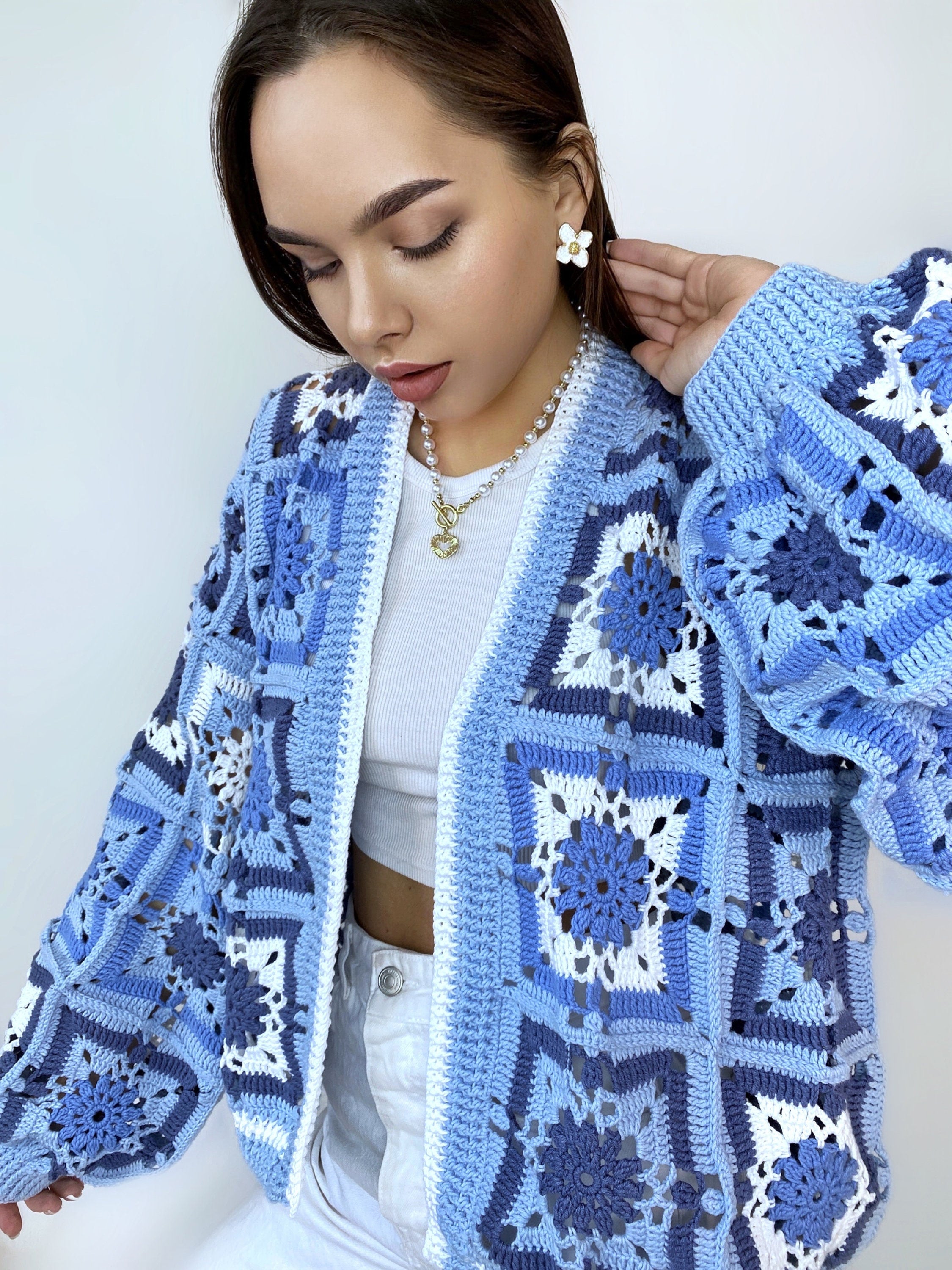 Crochet colorful cardigan Crochet blue granny square cardigan Patchwork sweater women Jacket Crochet coat Boho cardigan Afghan Coat Festival