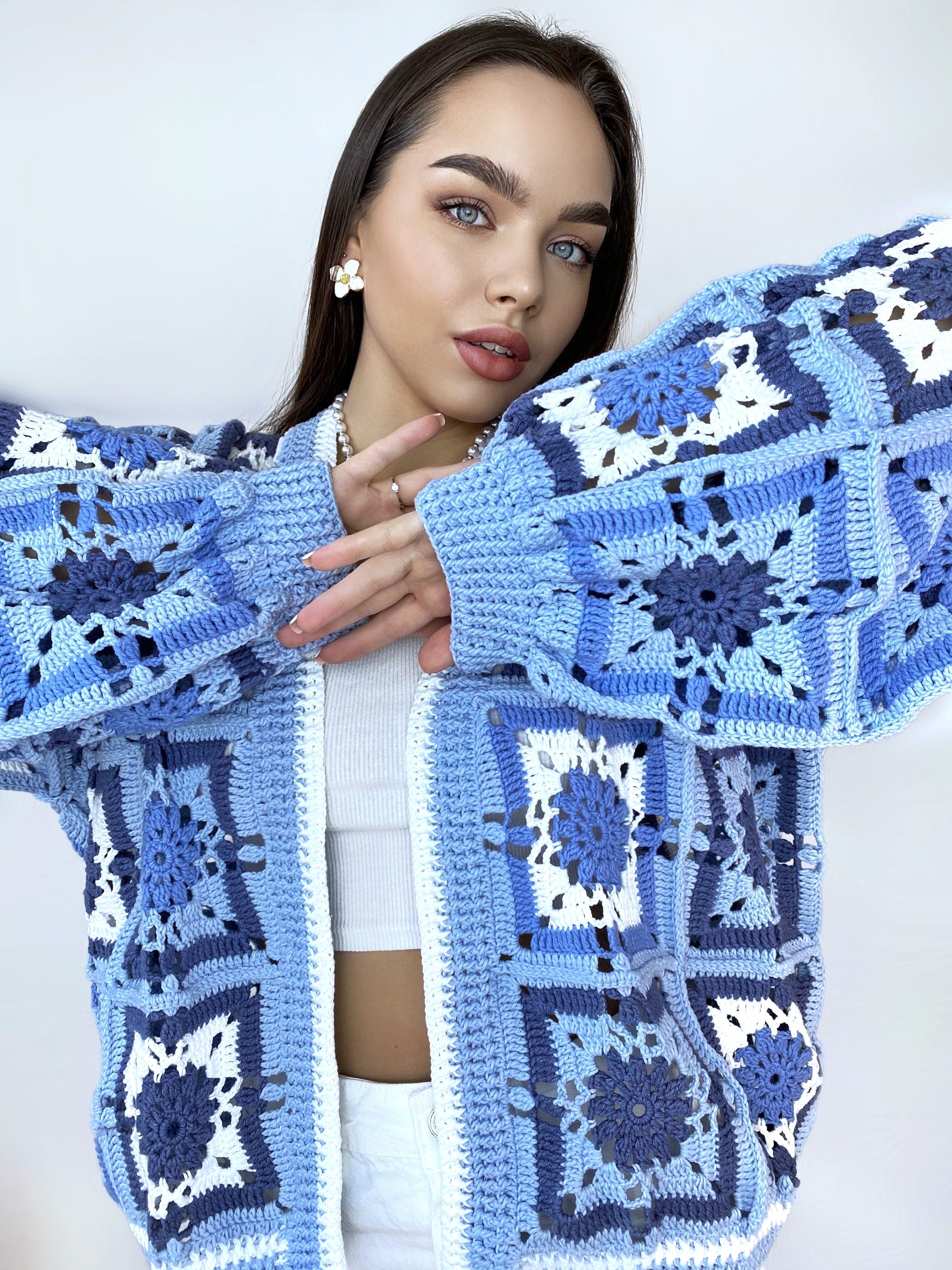 Crochet colorful cardigan Crochet blue granny square cardigan Patchwork sweater women Jacket Crochet coat Boho cardigan Afghan Coat Festival