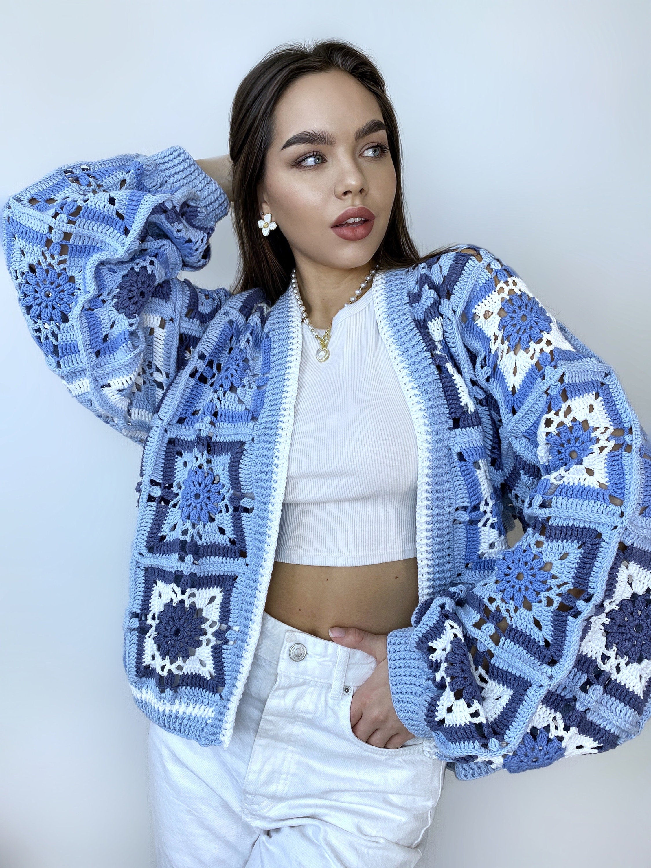 Crochet colorful cardigan Crochet blue granny square cardigan Patchwork sweater women Jacket Crochet coat Boho cardigan Afghan Coat Festival