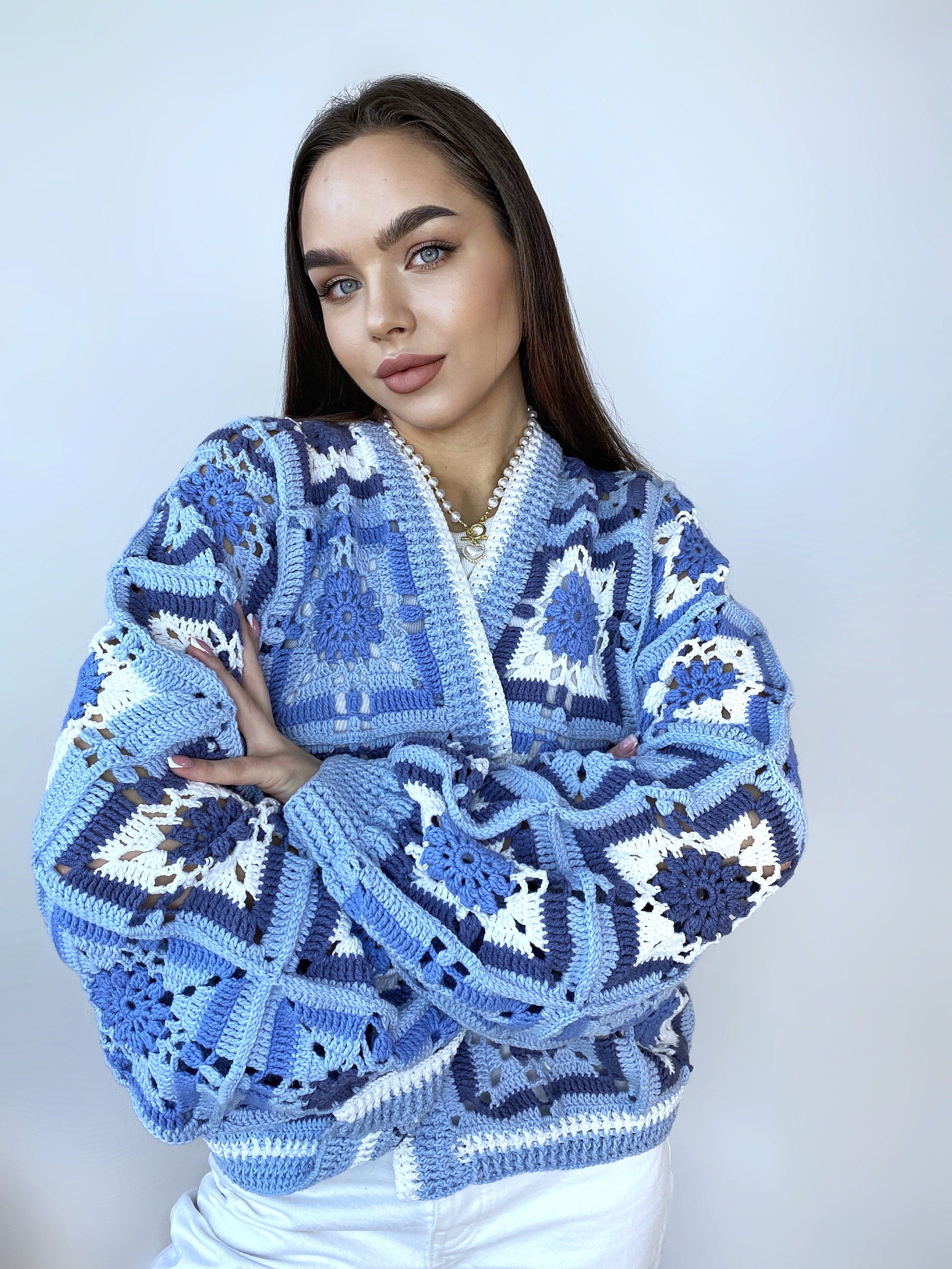 Crochet colorful cardigan Crochet blue granny square cardigan Patchwork sweater women Jacket Crochet coat Boho cardigan Afghan Coat Festival