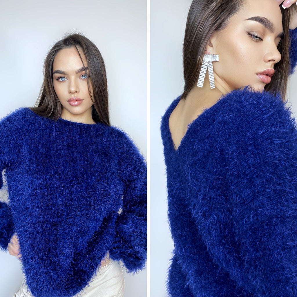 Dark blue wool free soft fluffy handknit body friendly sweater Open back Deep V-neckline Analogue of angora yarn pullover Loose fit oversize
