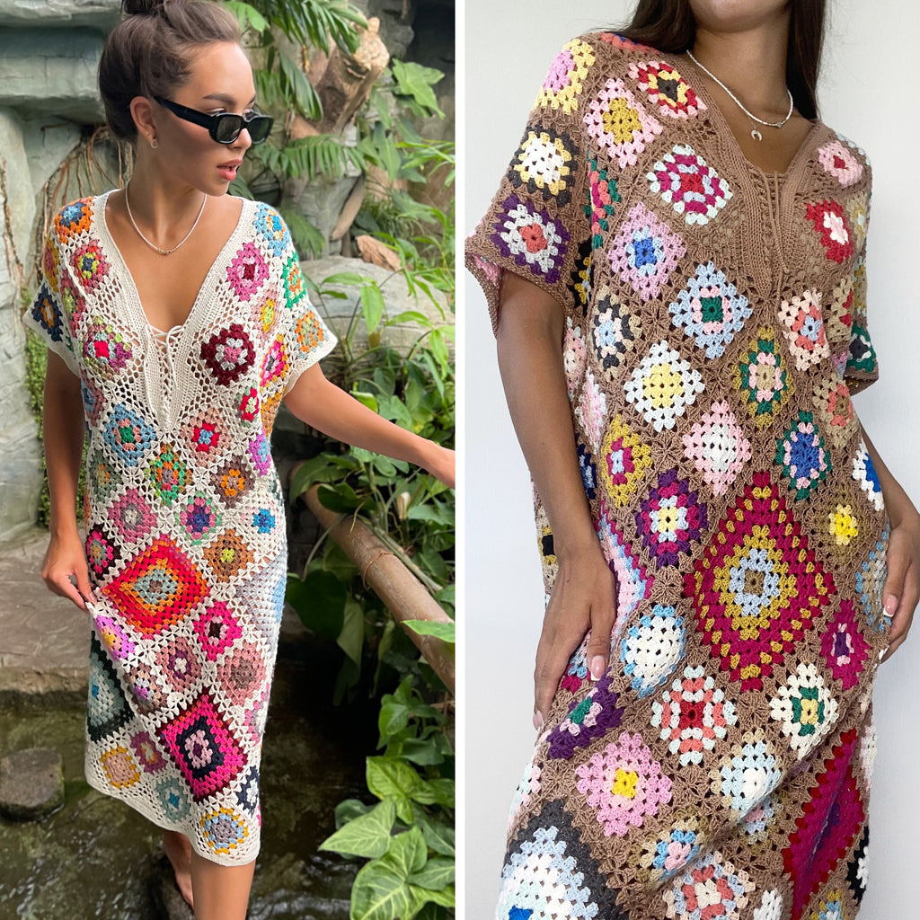 Crochet granny square dresses Crochet afghan dress Boho crochet dress Colorful dress Midi cotton dress Festival Clothing Vintage Style Dres