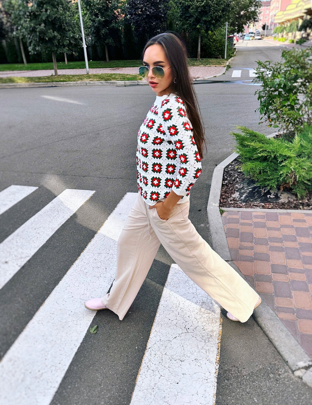 Crochet granny square white red green 3/4 sleeve sweater Top Patchwork pullover Boat collar Сropped sleeves Organic Cotton Sumer sweater