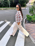 Crochet granny square white red green 3/4 sleeve sweater Top Patchwork pullover Boat collar Сropped sleeves Organic Cotton Sumer sweater