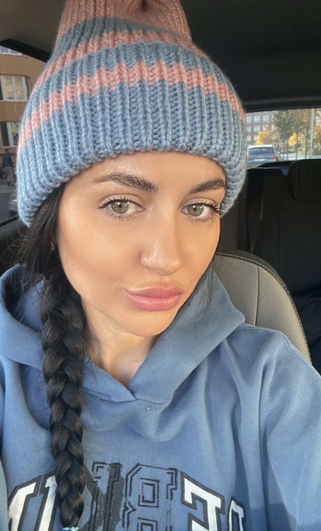 Hand knit beanie pink blue wool hat women Knitted winter hat strip high crown pink Knitted blue beanie woman Gift for her