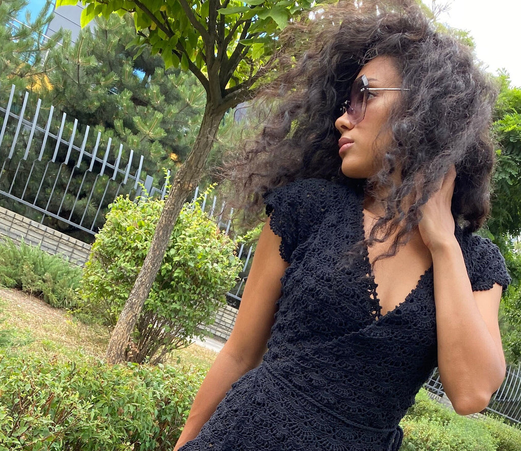 Black Organic Cotton Crochet Midi Summer Dress for Women Openwork bohemian dress Womens V-neckline Short sleeve Dress - robe