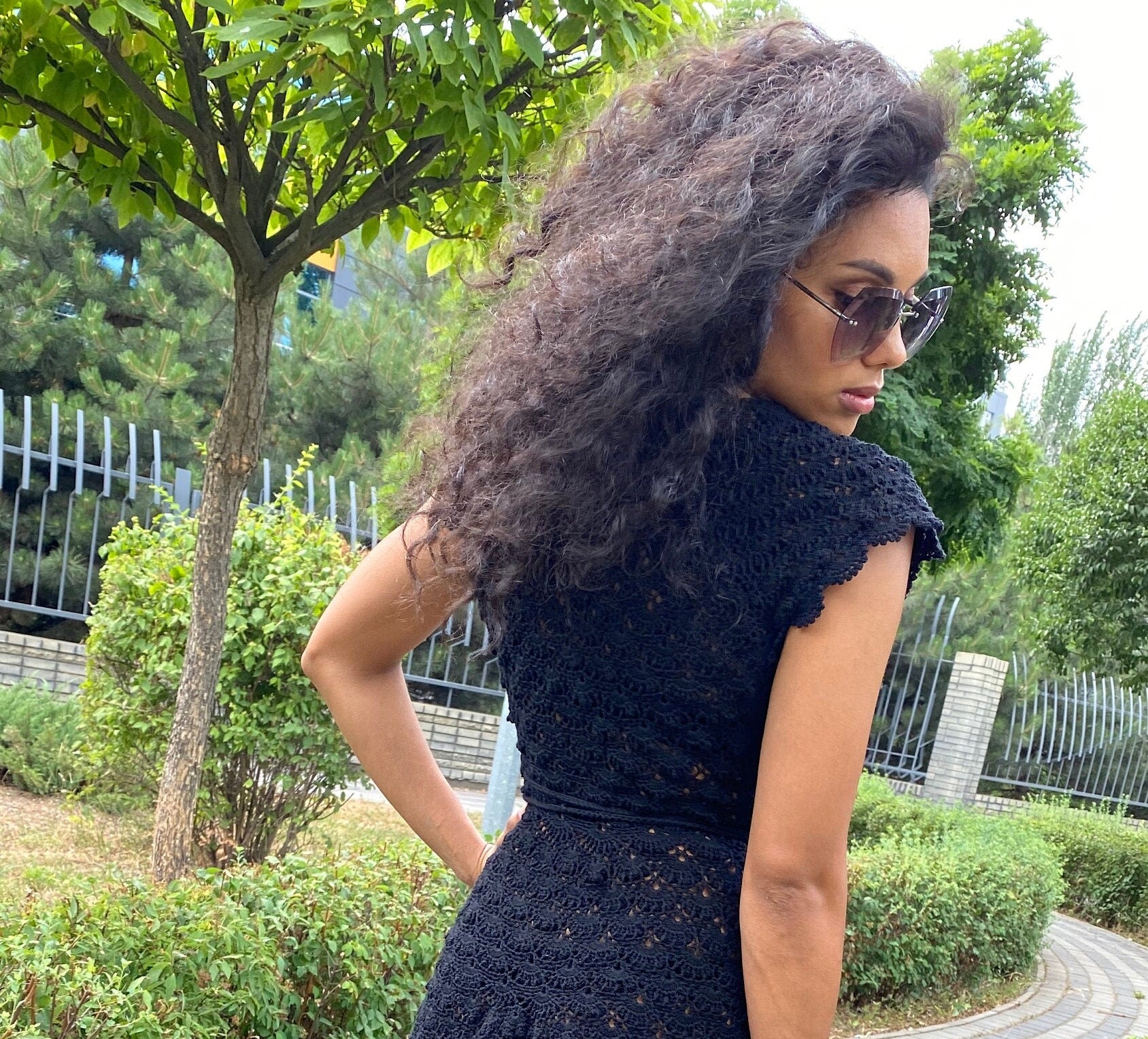 Crochet dress black/boho dress crochet/ Boho Peasant Cotton Tiered Short Sleeve Dress/Womens openwork summer cotton dress/Bohemian Dress