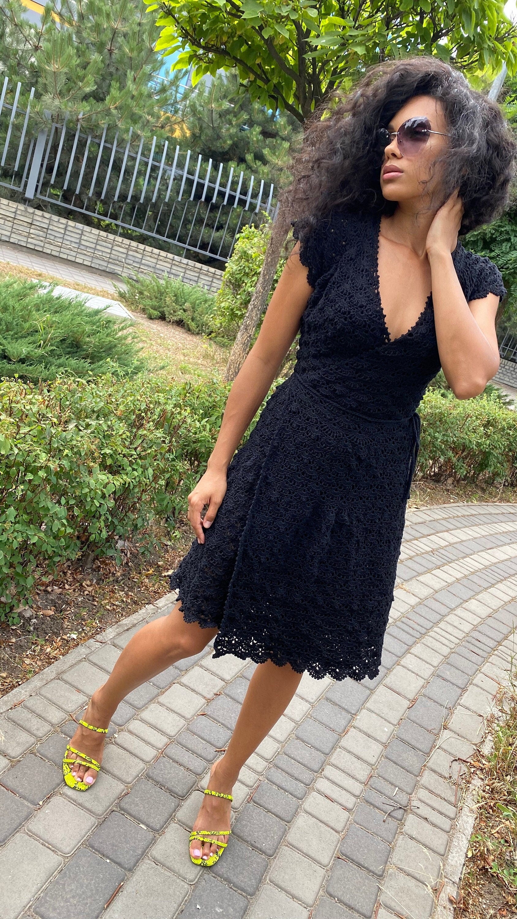 Crochet dress black/boho dress crochet/ Boho Peasant Cotton Tiered Short Sleeve Dress/Womens openwork summer cotton dress/Bohemian Dress
