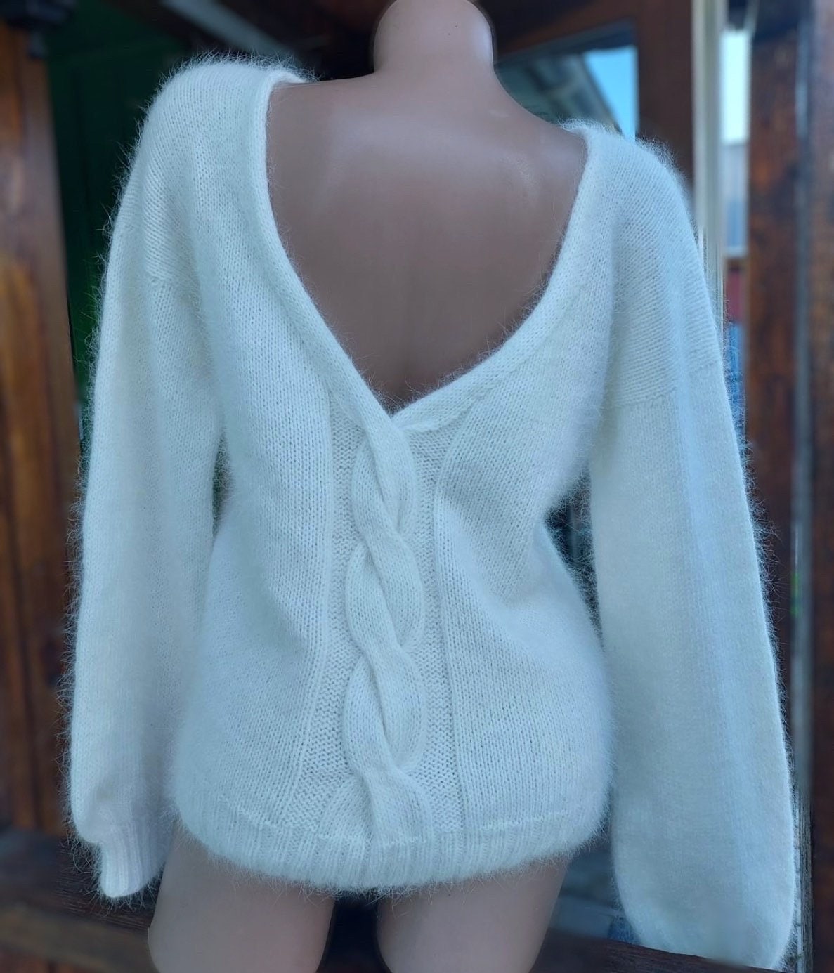 White Milk angora sweater One size Open back Deep neckline Knit fluffy angora pullover Loose fit oversiz V-neck Top long sleevs Cozy gif her