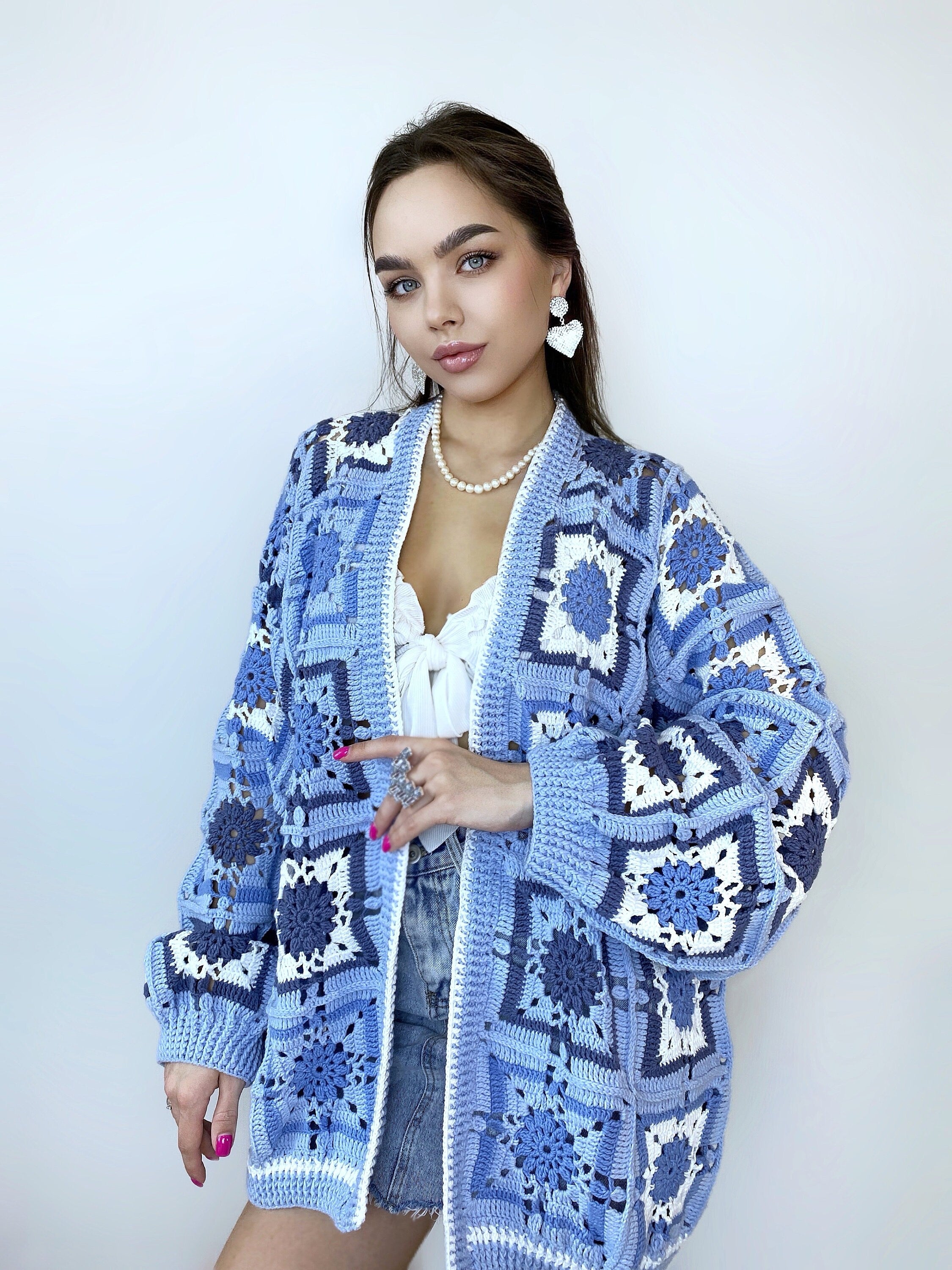 Crochet long colorful blue cardigan Crochet granny square cardigan Patchwork sweater women Jacket Coat Boho cardigan Afghan Coat Festival