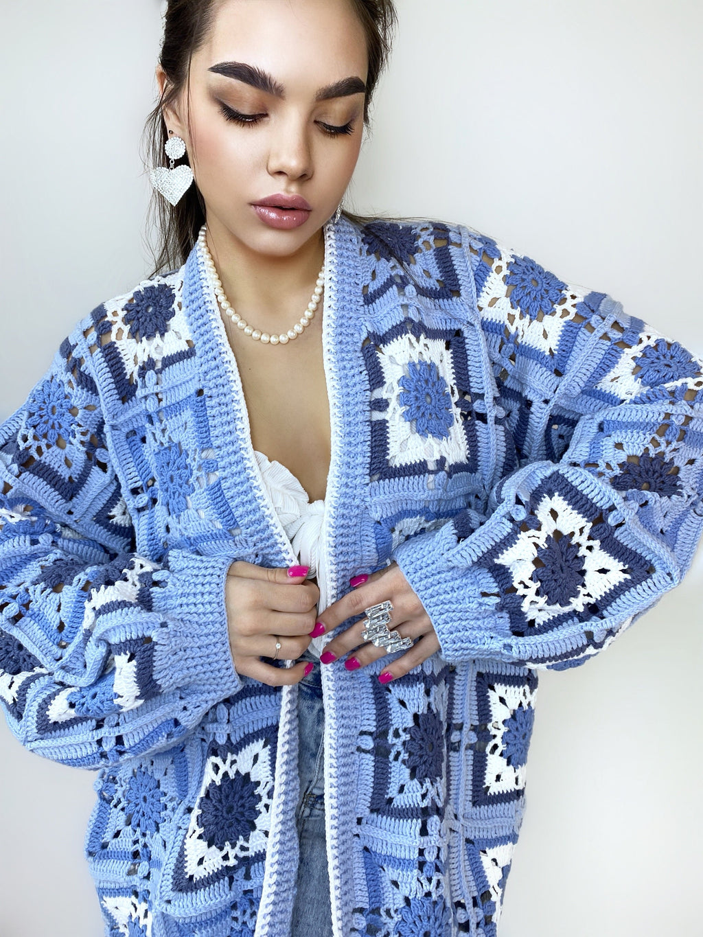 Crochet long colorful blue cardigan Crochet granny square cardigan Patchwork sweater women Jacket Coat Boho cardigan Afghan Coat Festival