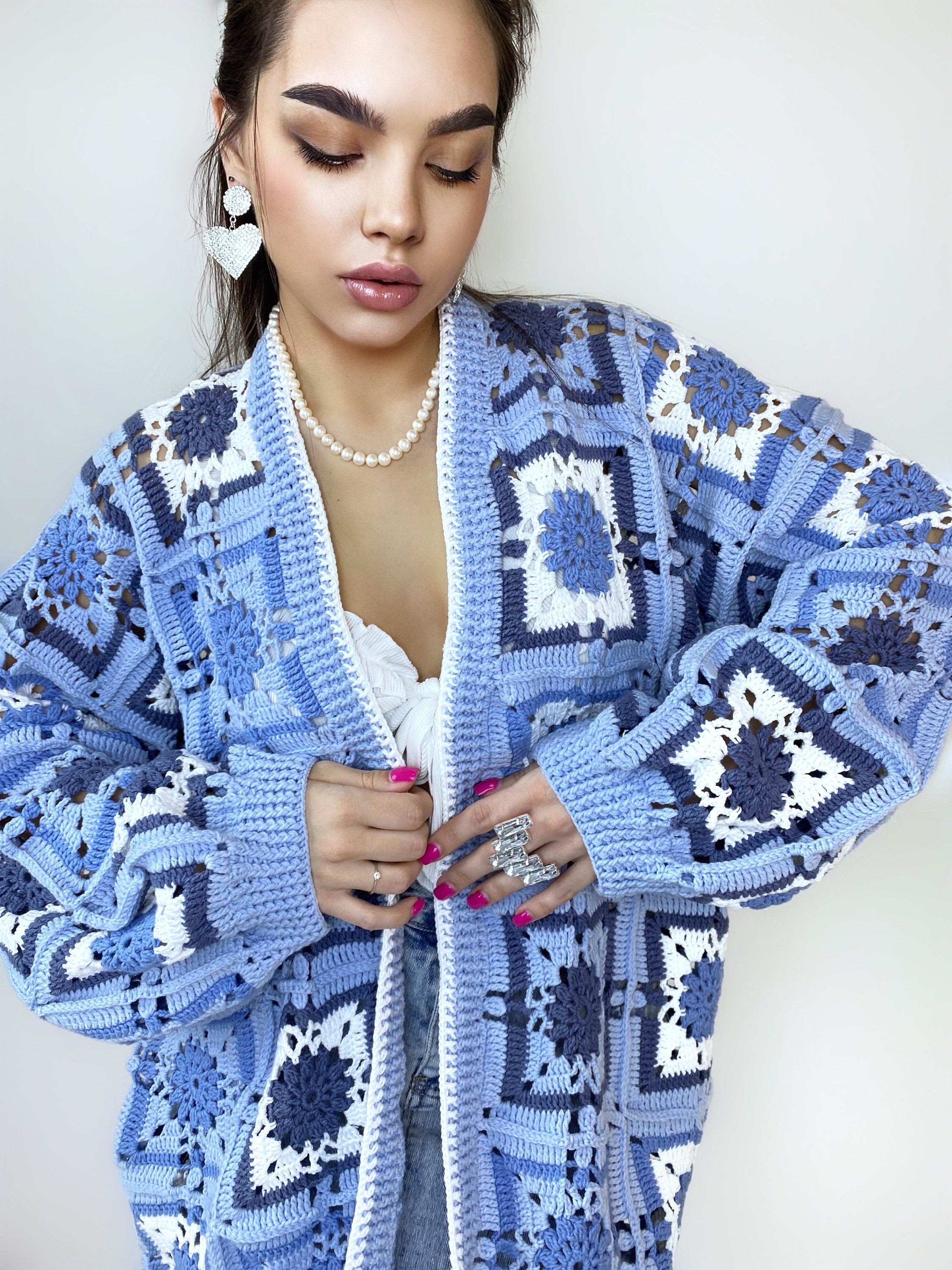 Crochet long colorful blue cardigan Crochet granny square cardigan Patchwork sweater women Jacket Coat Boho cardigan Afghan Coat Festival