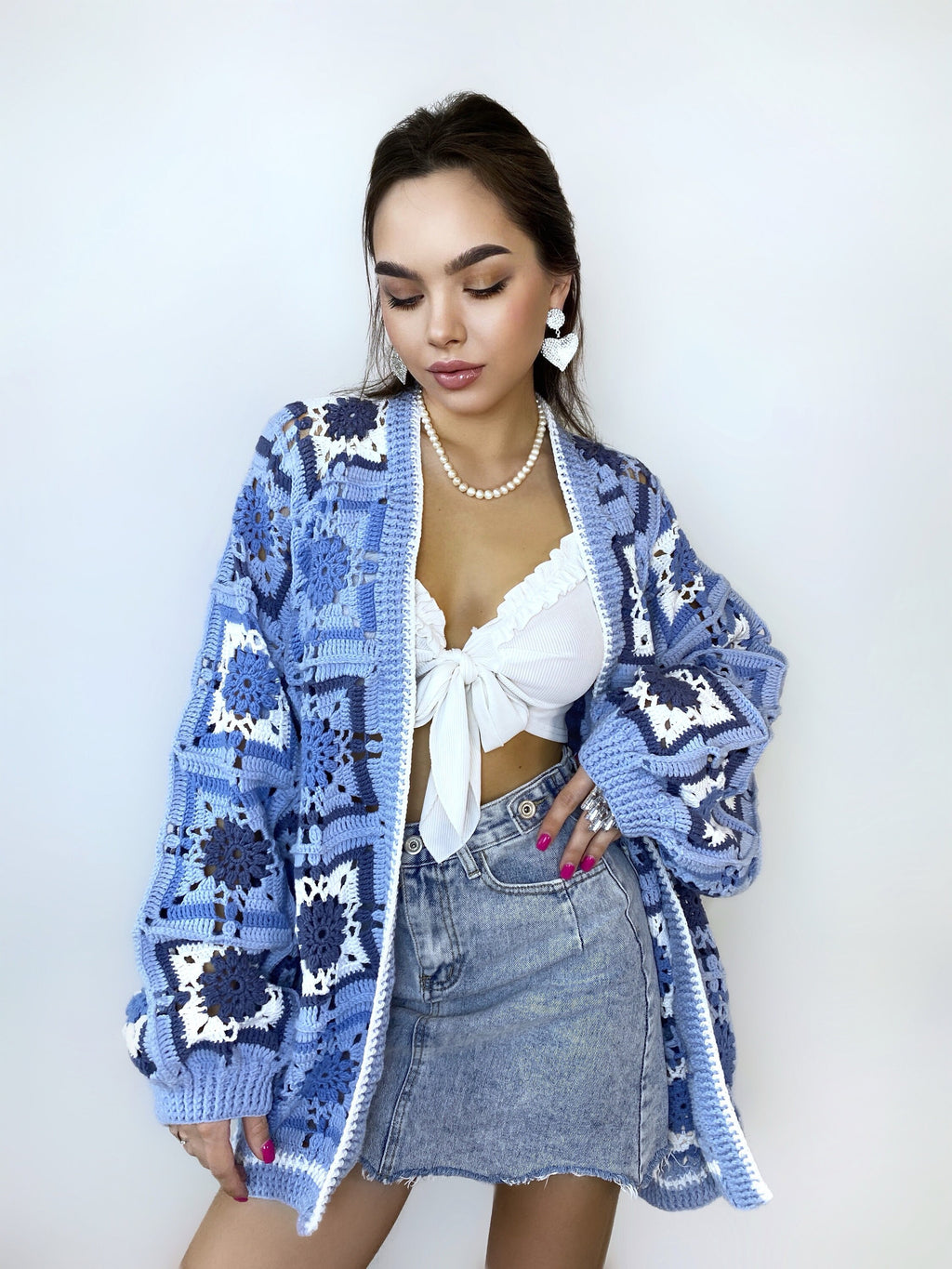 Crochet long colorful blue cardigan Crochet granny square cardigan Patchwork sweater women Jacket Coat Boho cardigan Afghan Coat Festival