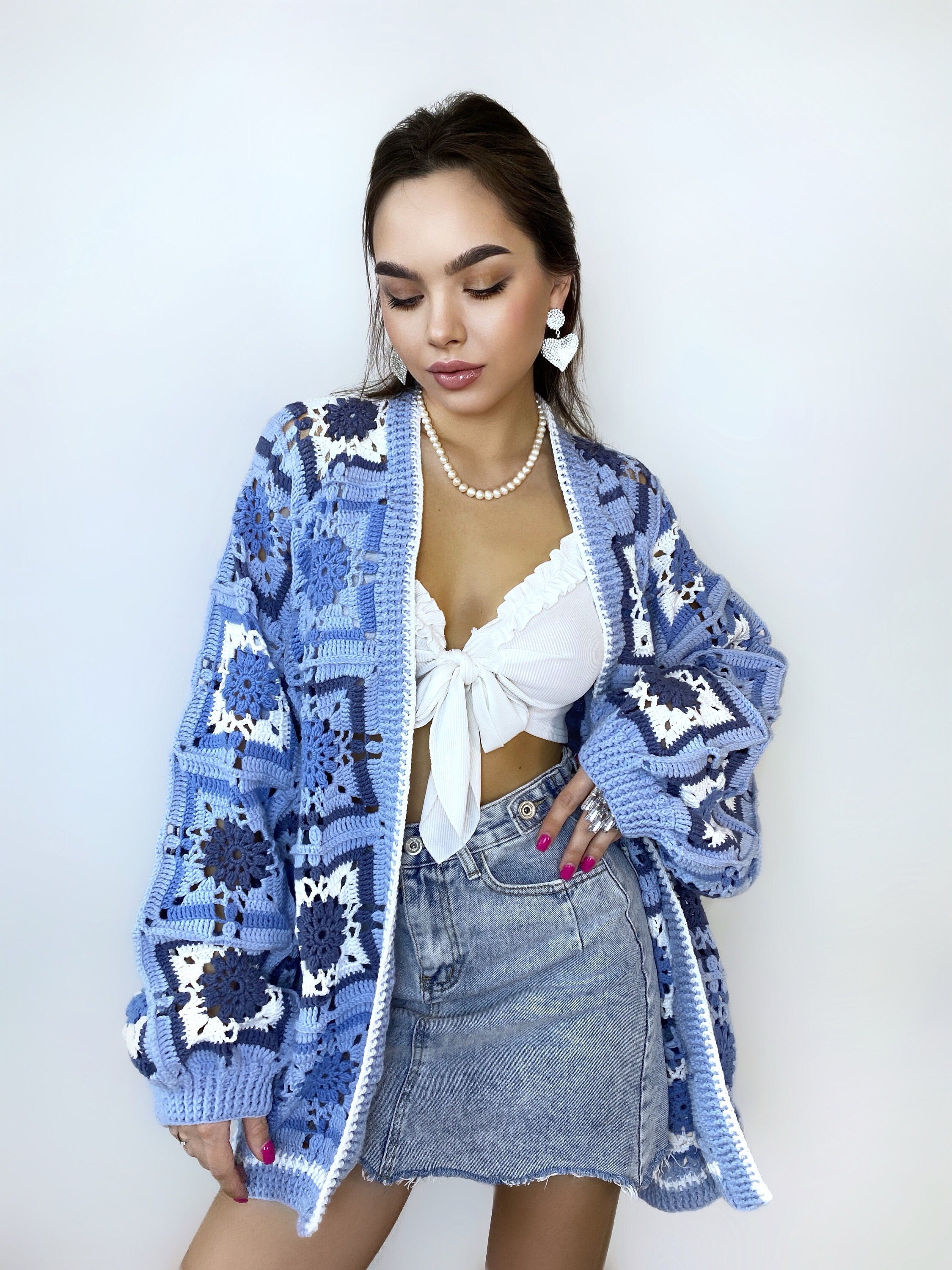 Crochet long colorful blue cardigan Crochet granny square cardigan Patchwork sweater women Jacket Coat Boho cardigan Afghan Coat Festival