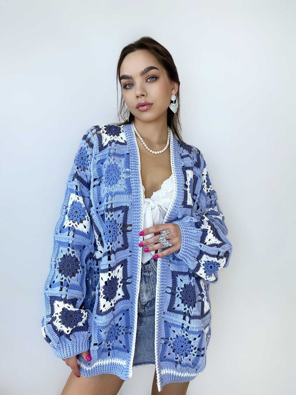Crochet long colorful blue cardigan Crochet granny square cardigan Patchwork sweater women Jacket Coat Boho cardigan Afghan Coat Festival