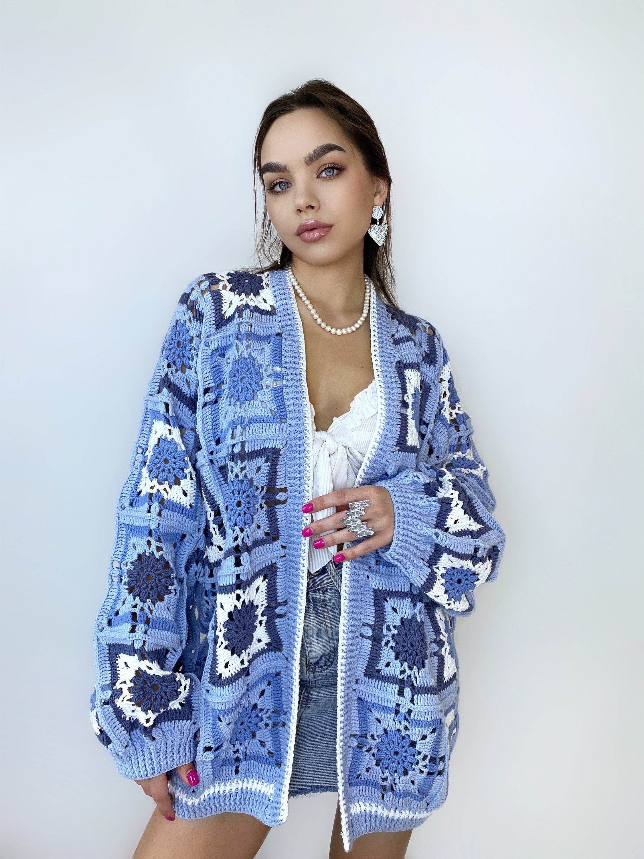 Crochet long colorful blue cardigan Crochet granny square cardigan Patchwork sweater women Jacket Coat Boho cardigan Afghan Coat Festival