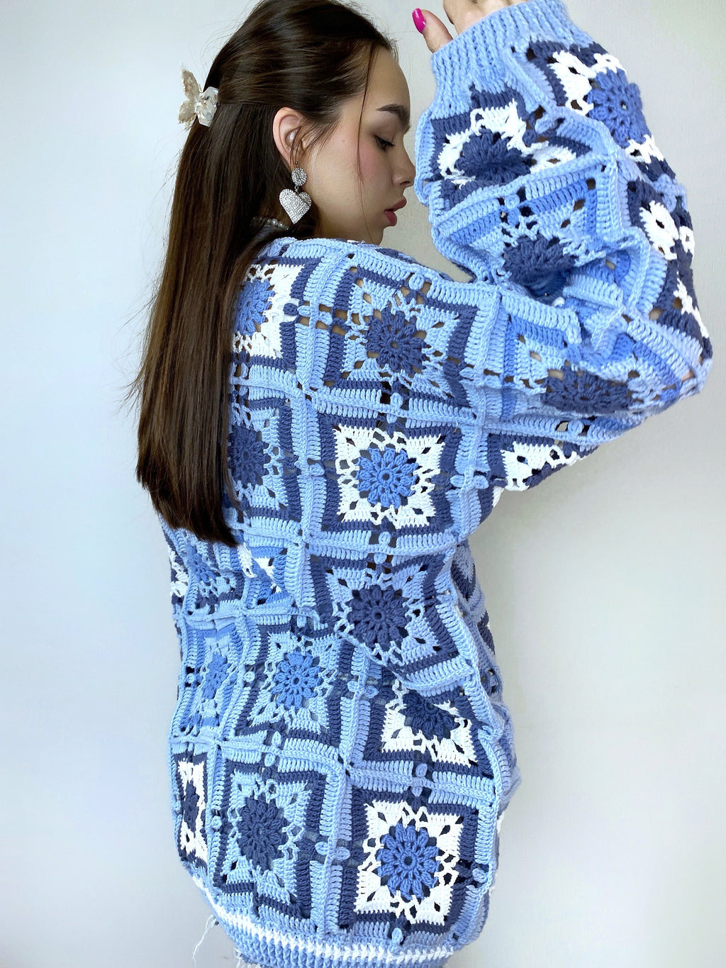 Crochet long colorful blue cardigan Crochet granny square cardigan Patchwork sweater women Jacket Coat Boho cardigan Afghan Coat Festival
