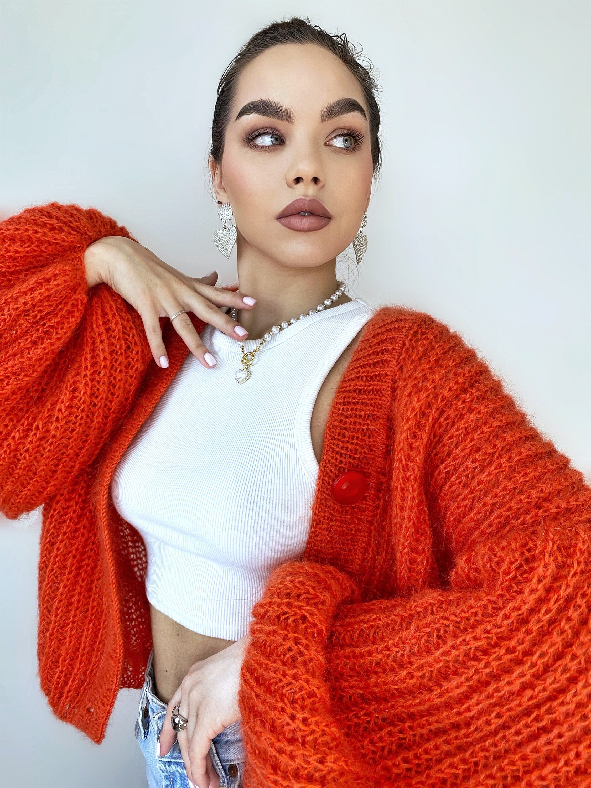 Mohair cardigan women button closure Mohair sweater knitted coat Jacket Women Wool bolero cape Fluffy short cardigan button clasp