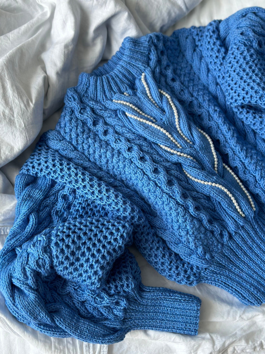 Crop blue sweater hand knitted braid embellishment beads pearl Knit Merino chunky knit pullover Chunky softy jumper Cable knit sweater