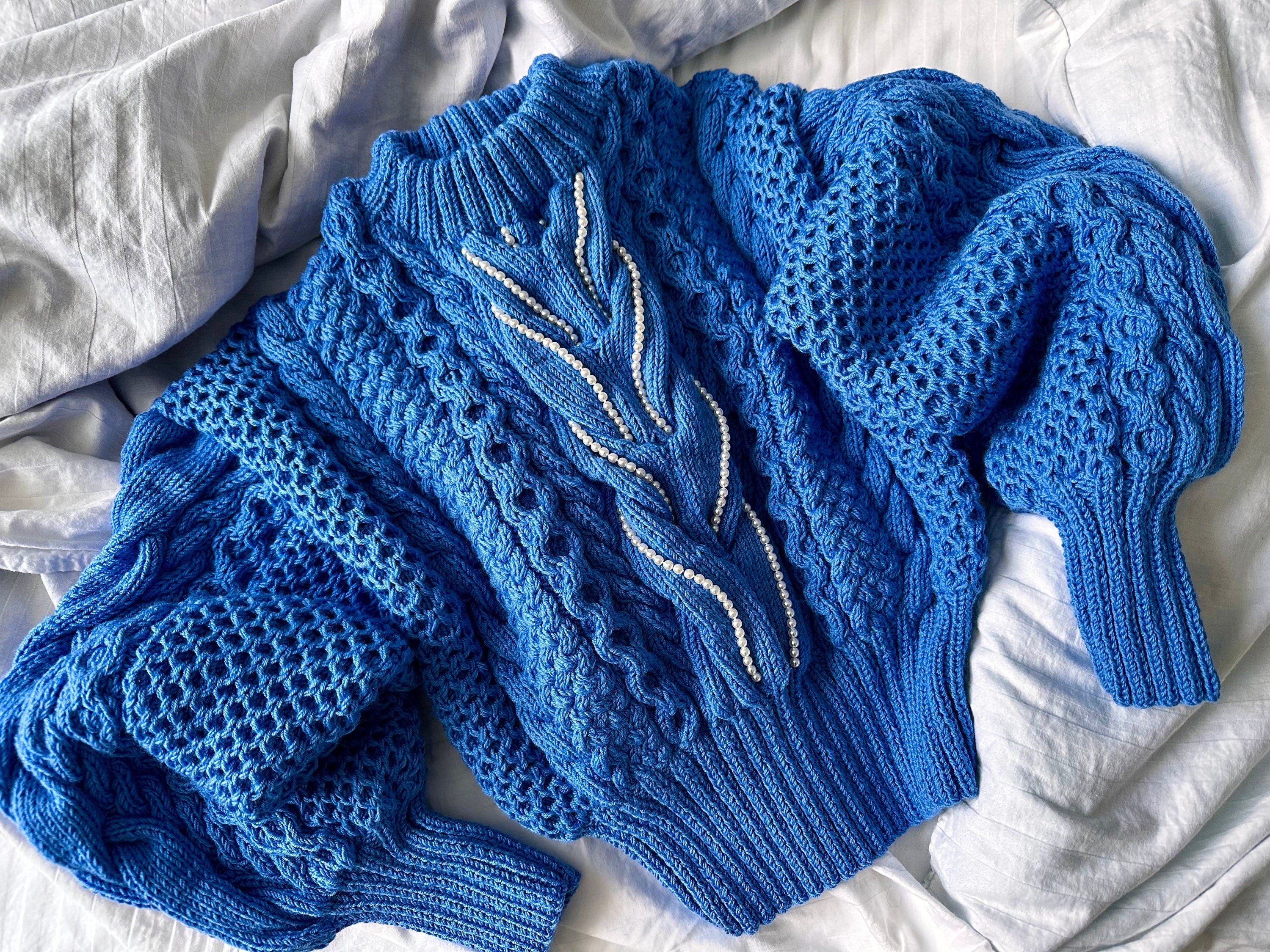 Crop blue sweater hand knitted braid embellishment beads pearl Knit Merino chunky knit pullover Chunky softy jumper Cable knit sweater