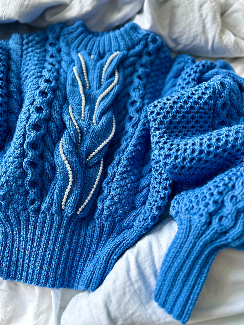 Cropped hand knit merino wool softy blue sweater knitted braid embellishment beads pearl Chunky knit pullover Crop jumper Cable knit sweater