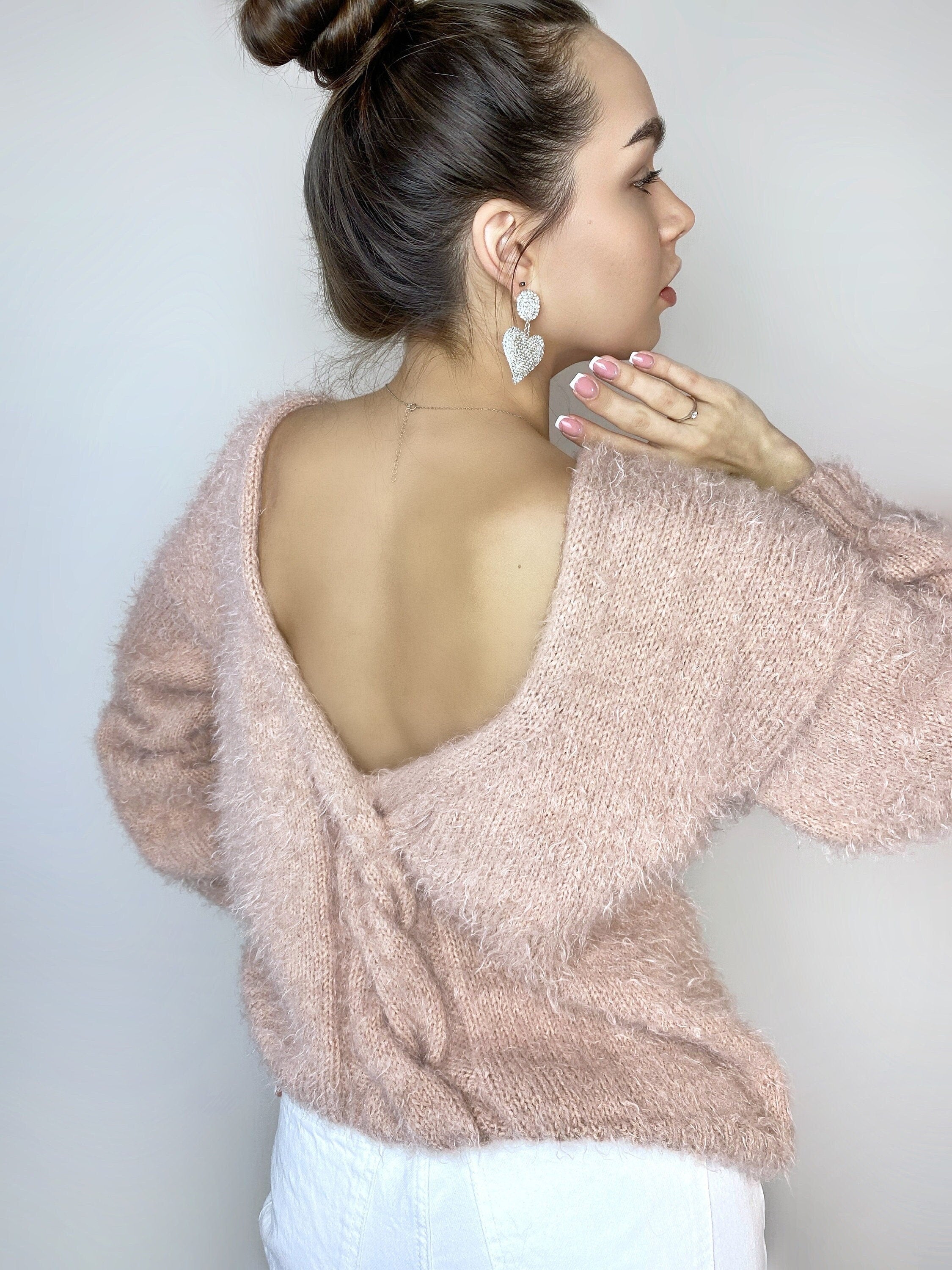Beige soft fluffy wool-free sweater Hand knit body friendly sweater Open back Deep neckline Fluffy pullover Loose fit V-neck angora wool