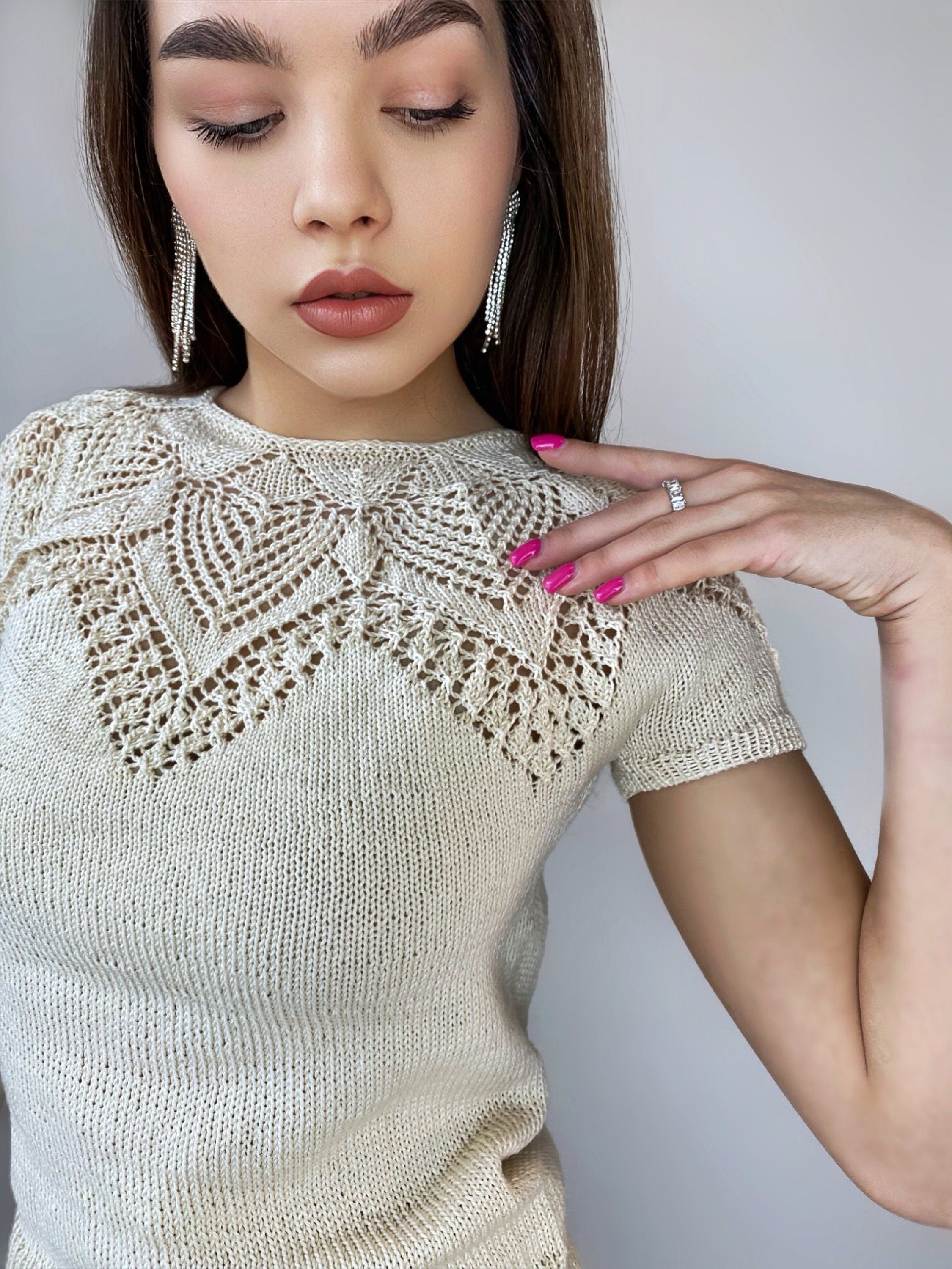 Knit cotton openwork top T-shirt women Slim Beige Sweater short-sleeve Eco Friendly Pullover Knitted Cape Bridal sweater Croche pullover