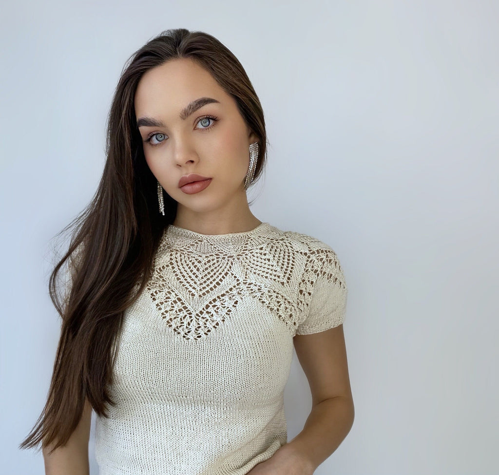 Knit cotton openwork top T-shirt women Slim Beige Sweater short-sleeve Eco Friendly Pullover Knitted Cape Bridal sweater Croche pullover