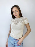 Knit cotton openwork top T-shirt women Slim Beige Sweater short-sleeve Eco Friendly Pullover Knitted Cape Bridal sweater Croche pullover