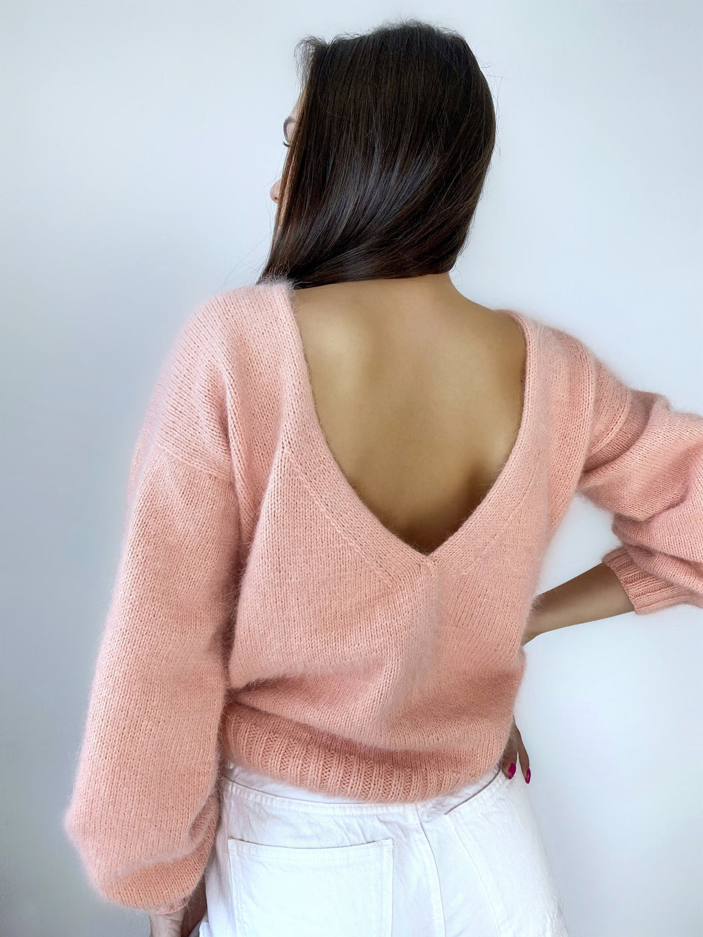 Peach knit angora sweater Open back Deep neckline Fluffy Pink angora pullover Loose fit oversized V-neck Fluffy Top long sleevs Cozy gift