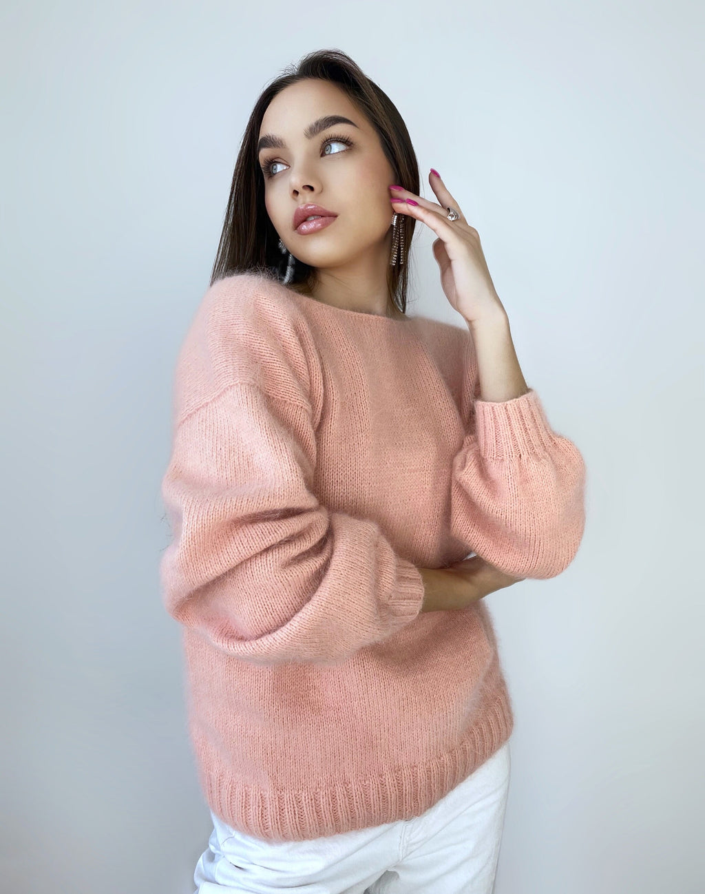 Peach knit angora sweater Open back Deep neckline Fluffy Pink angora pullover Loose fit oversized V-neck Fluffy Top long sleevs Cozy gift