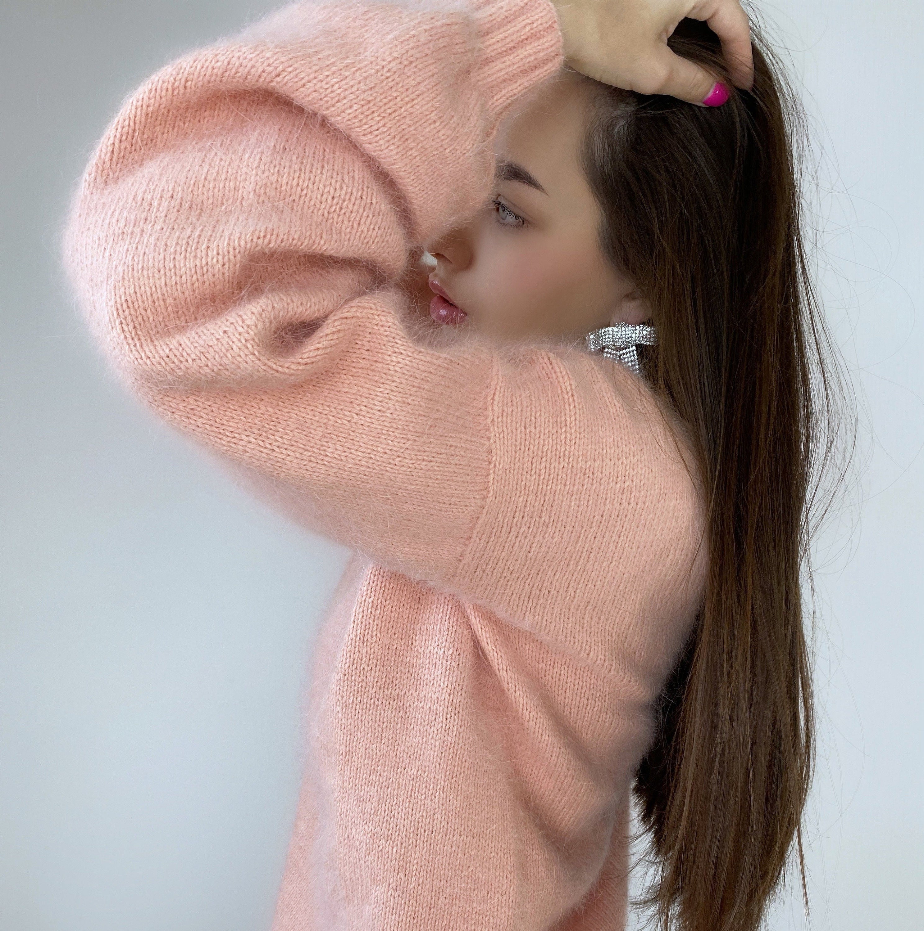 Peach knit angora sweater Open back Deep neckline Fluffy Pink angora pullover Loose fit oversized V-neck Fluffy Top long sleevs Cozy gift