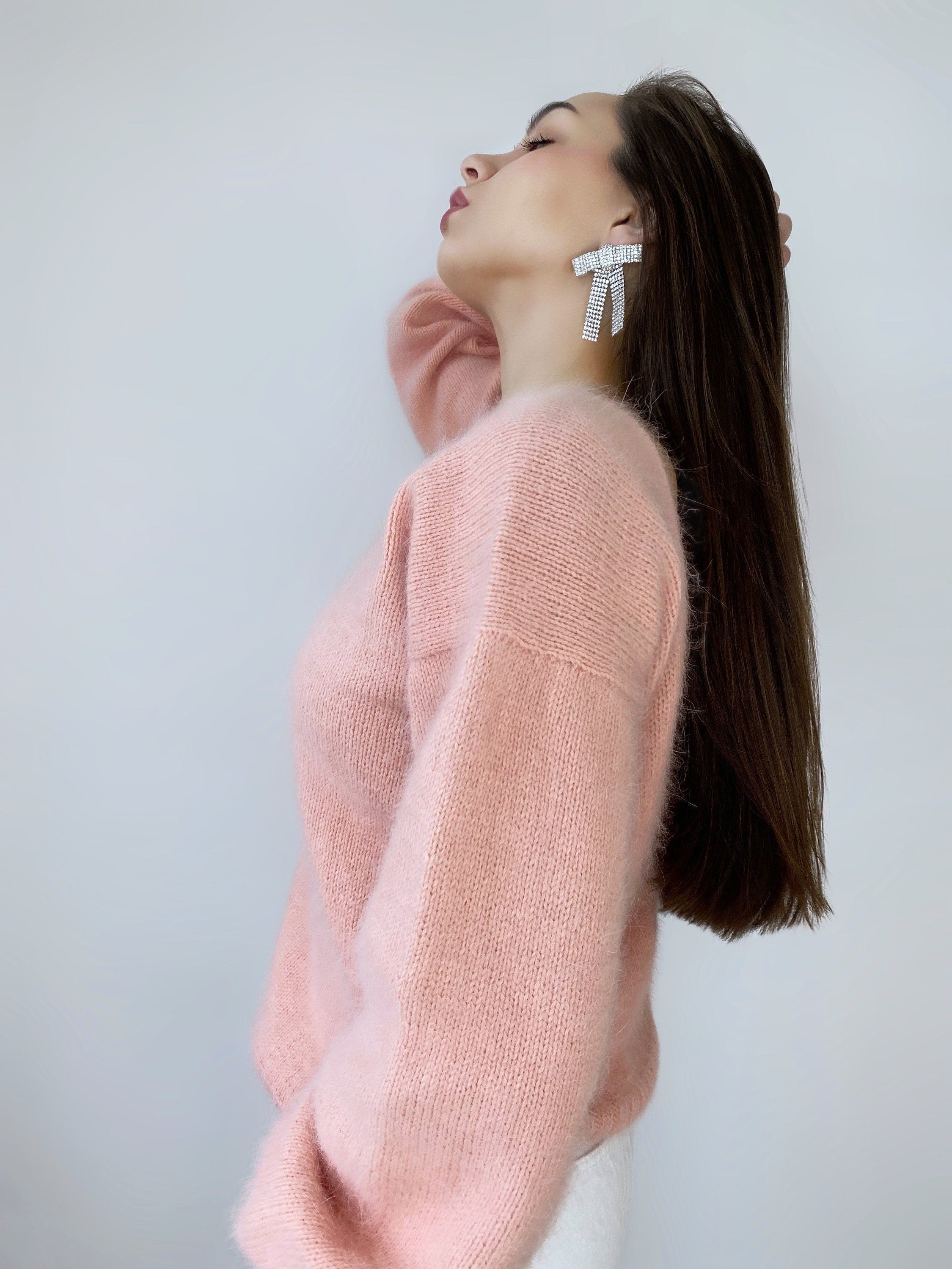 Peach knit angora sweater Open back Deep neckline Fluffy Pink angora pullover Loose fit oversized V-neck Fluffy Top long sleevs Cozy gift
