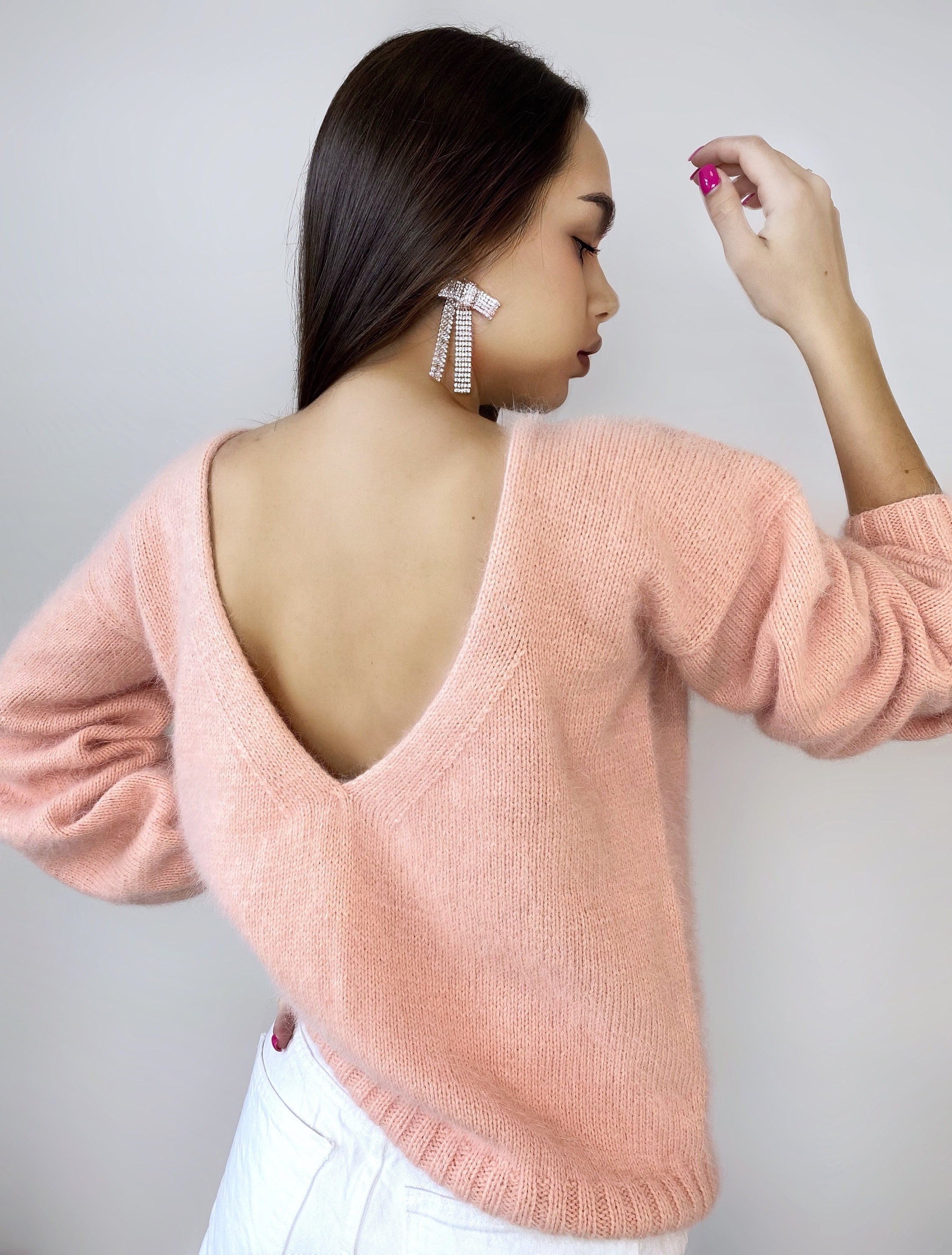 Peach knit angora sweater Open back Deep neckline Fluffy Pink angora pullover Loose fit oversized V-neck Fluffy Top long sleevs Cozy gift