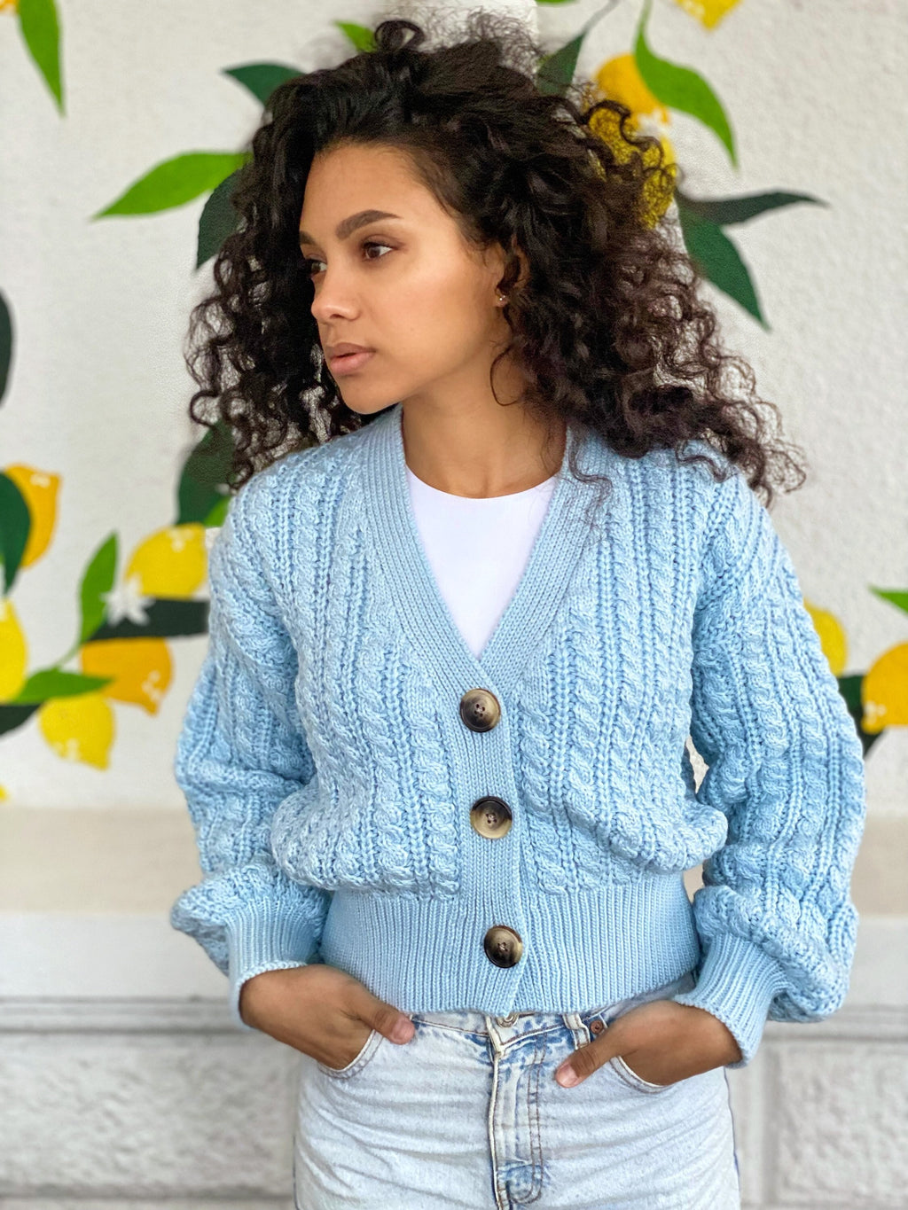 Crop knit cardigan Hand knit blue cardigan Crop top sweater Cable knit cardigan Chunky Cozy cardigan short knitted jacket Gift for her
