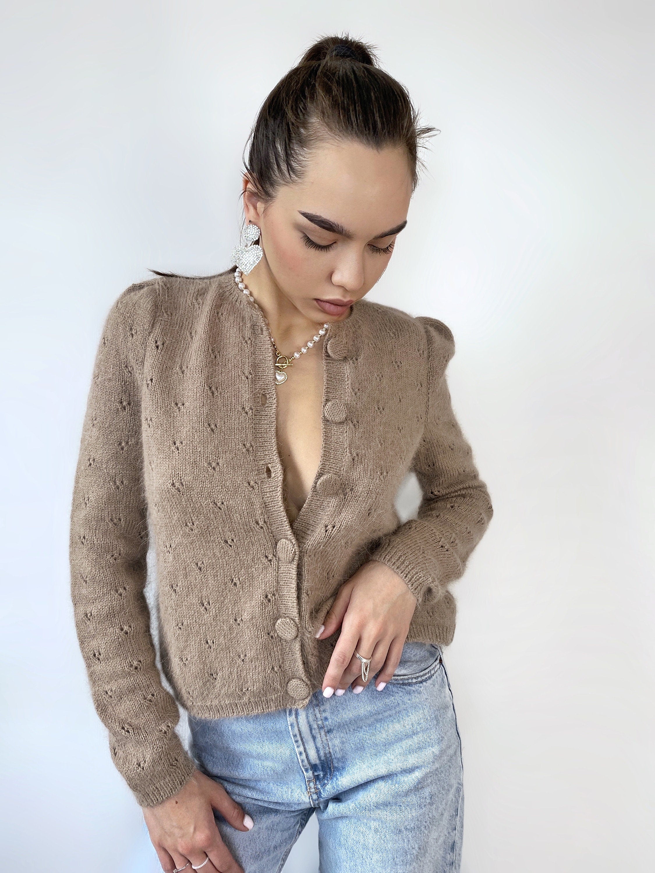 Knit angora cropped cardigan women Wedding vintage cardigan Angora sweater Beige knitted coat Jacket Wool bolero buttons Fluffy cardigan