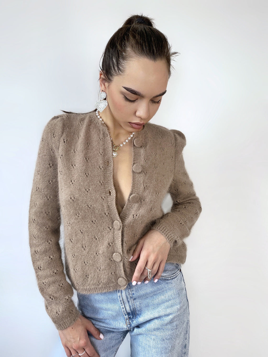 Angora knit fluffy cropped cardigan women Wedding vintage cardigan Angora sweater Beige knitted coat Jacket Wool bolero buttons cardigan