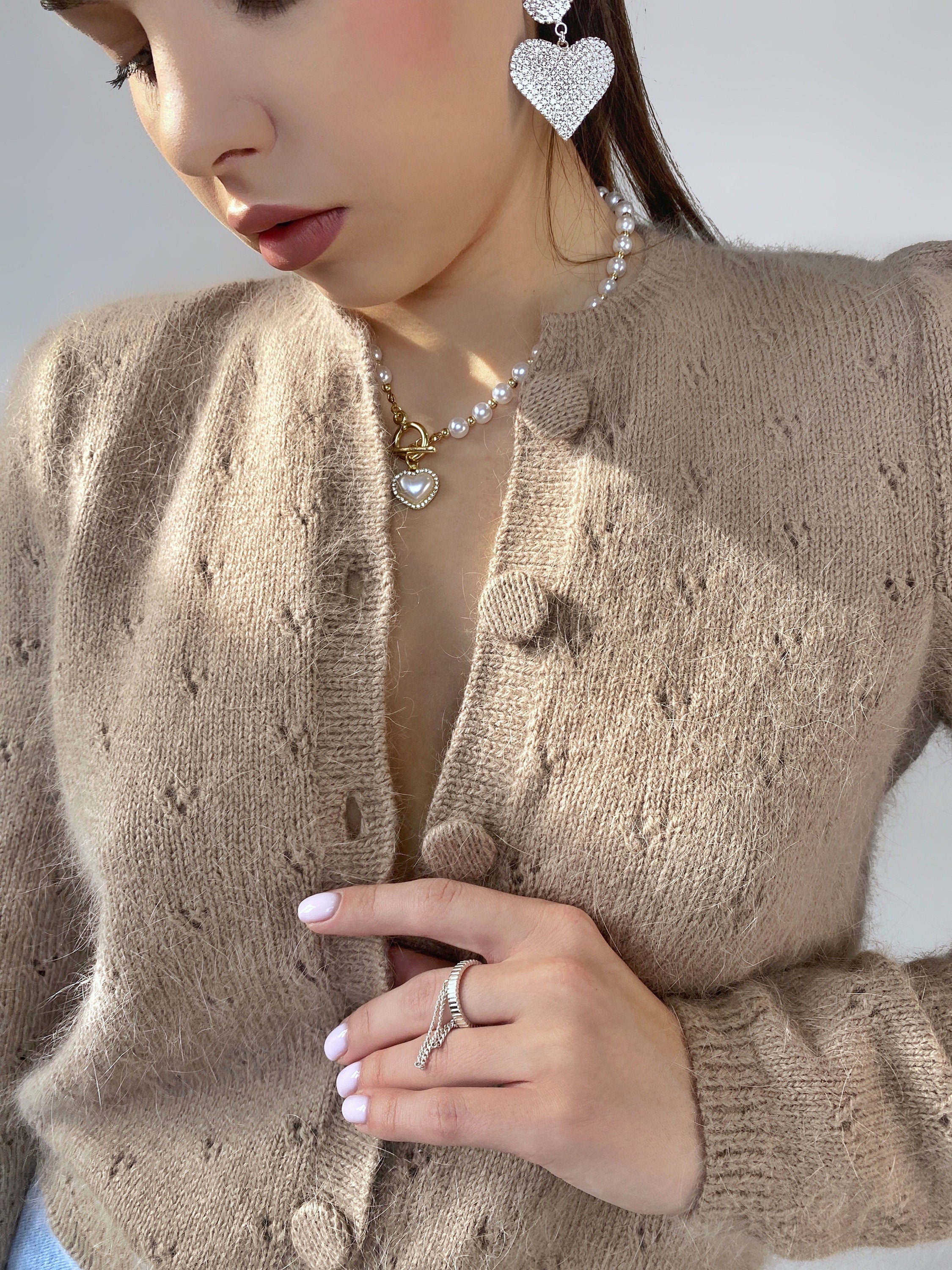 Knit angora cropped cardigan women Wedding vintage cardigan Angora sweater Beige knitted coat Jacket Wool bolero buttons Fluffy cardigan