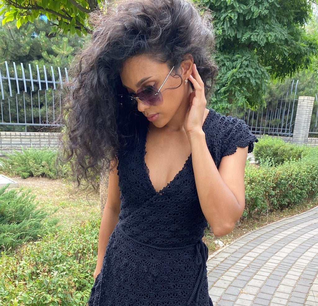 Black Organic Cotton Crochet Midi Summer Dress for Women Openwork bohemian dress Womens V-neckline Short sleeve Dress - robe