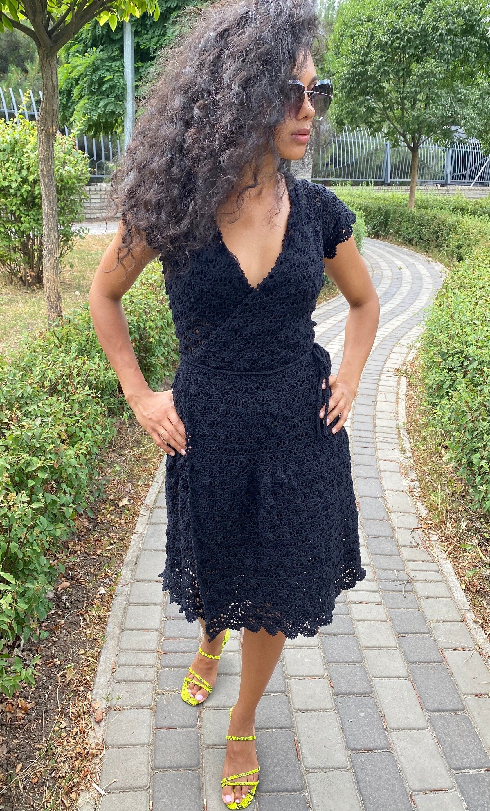 Black Organic Cotton Crochet Midi Summer Dress for Women Openwork bohemian dress Womens V-neckline Short sleeve Dress - robe