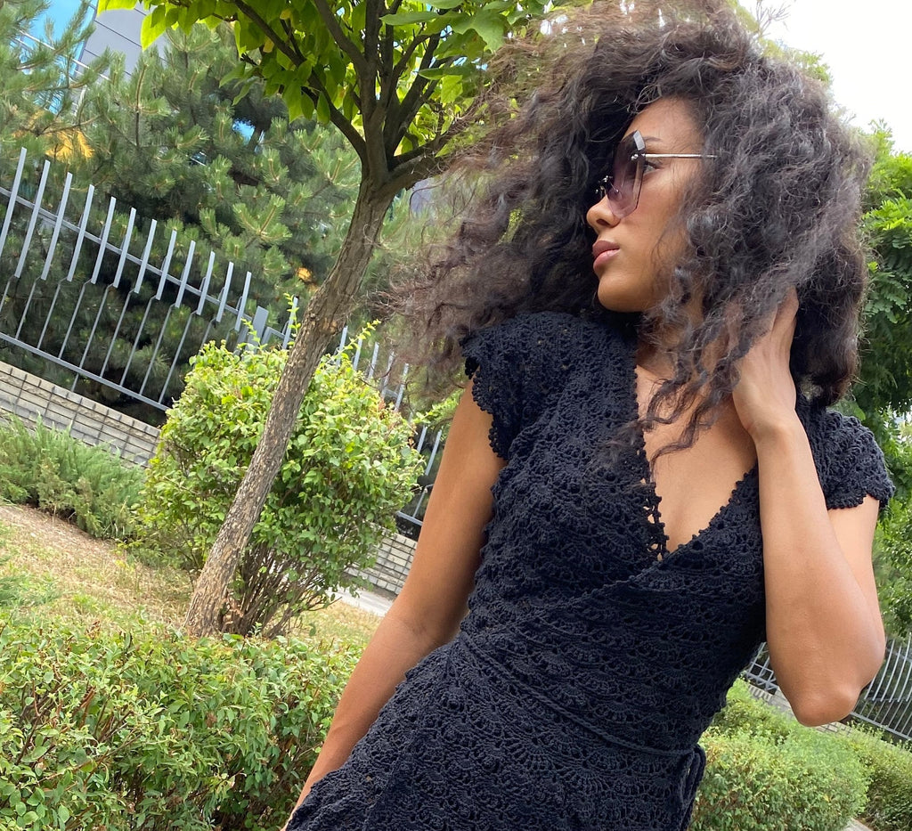 Crochet dress black/boho dress crochet/ Boho Peasant Cotton Tiered Short Sleeve Dress/Womens openwork summer cotton dress/Bohemian Dress