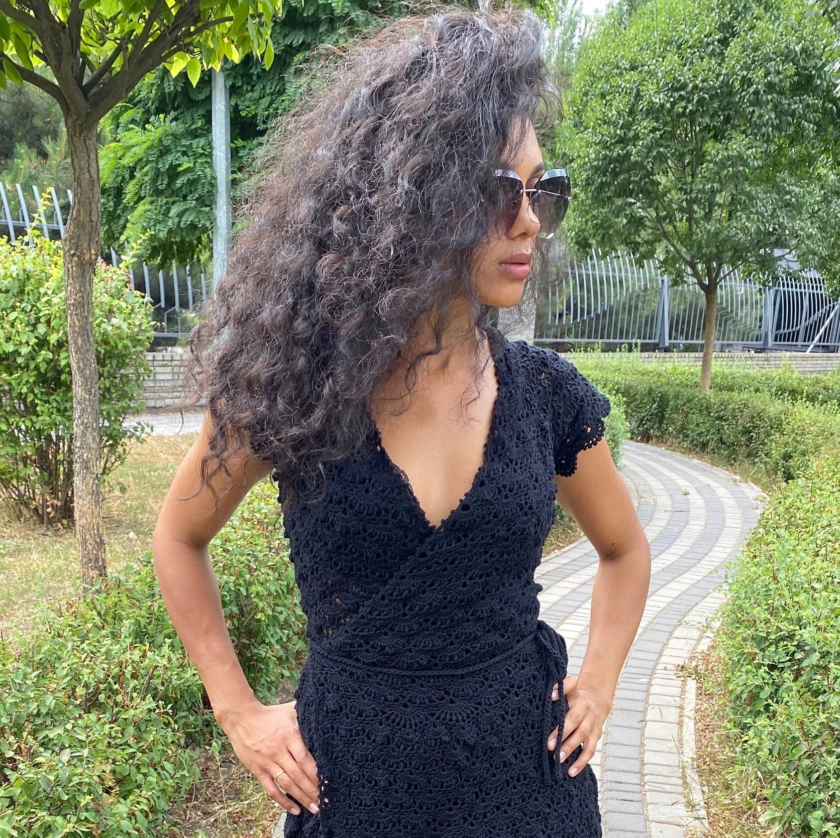 Crochet dress black/boho dress crochet/ Boho Peasant Cotton Tiered Short Sleeve Dress/Womens openwork summer cotton dress/Bohemian Dress