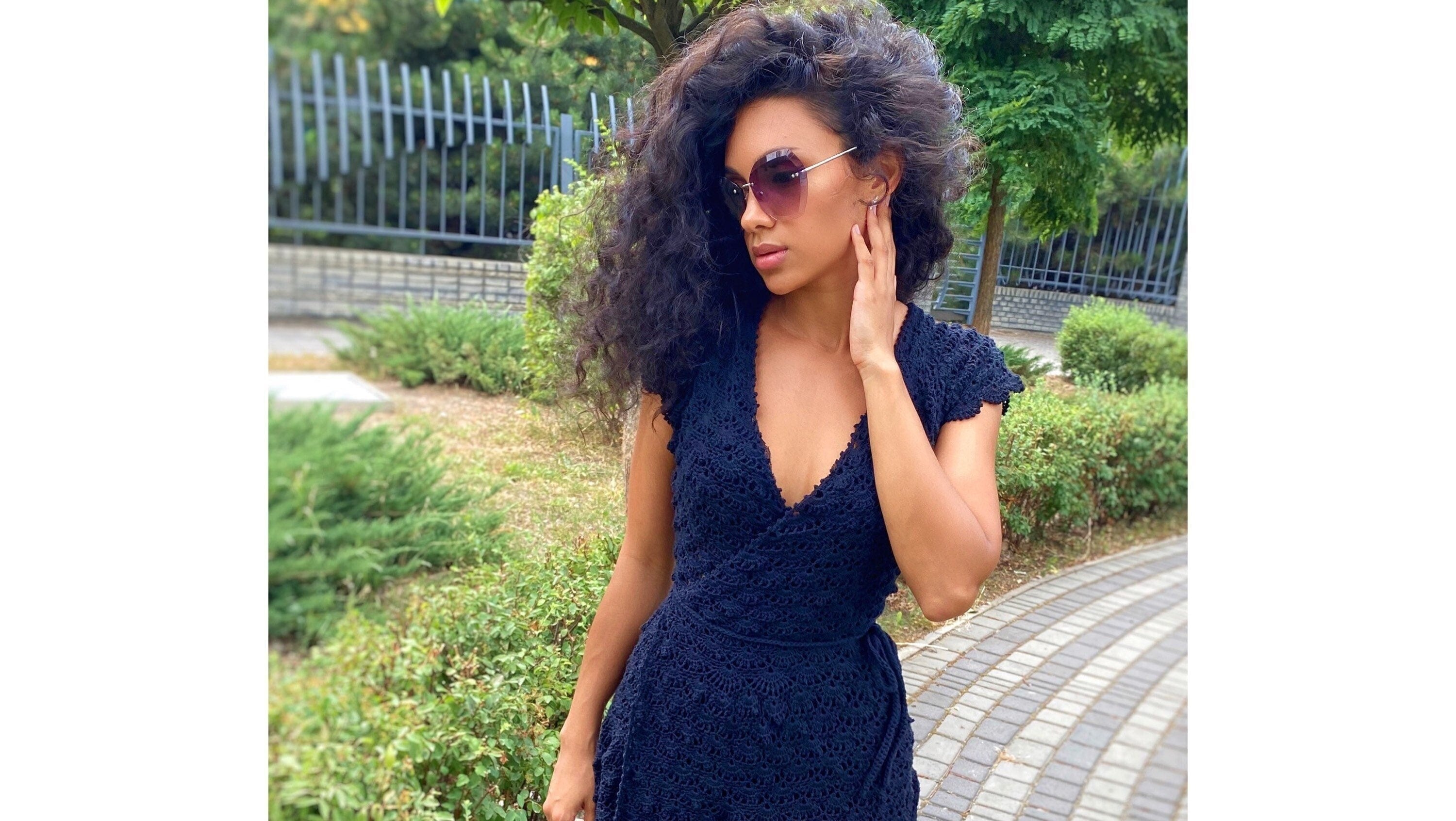 Black Organic Cotton Crochet Midi Summer Dress for Women Openwork bohemian dress Womens V-neckline Short sleeve Dress - robe