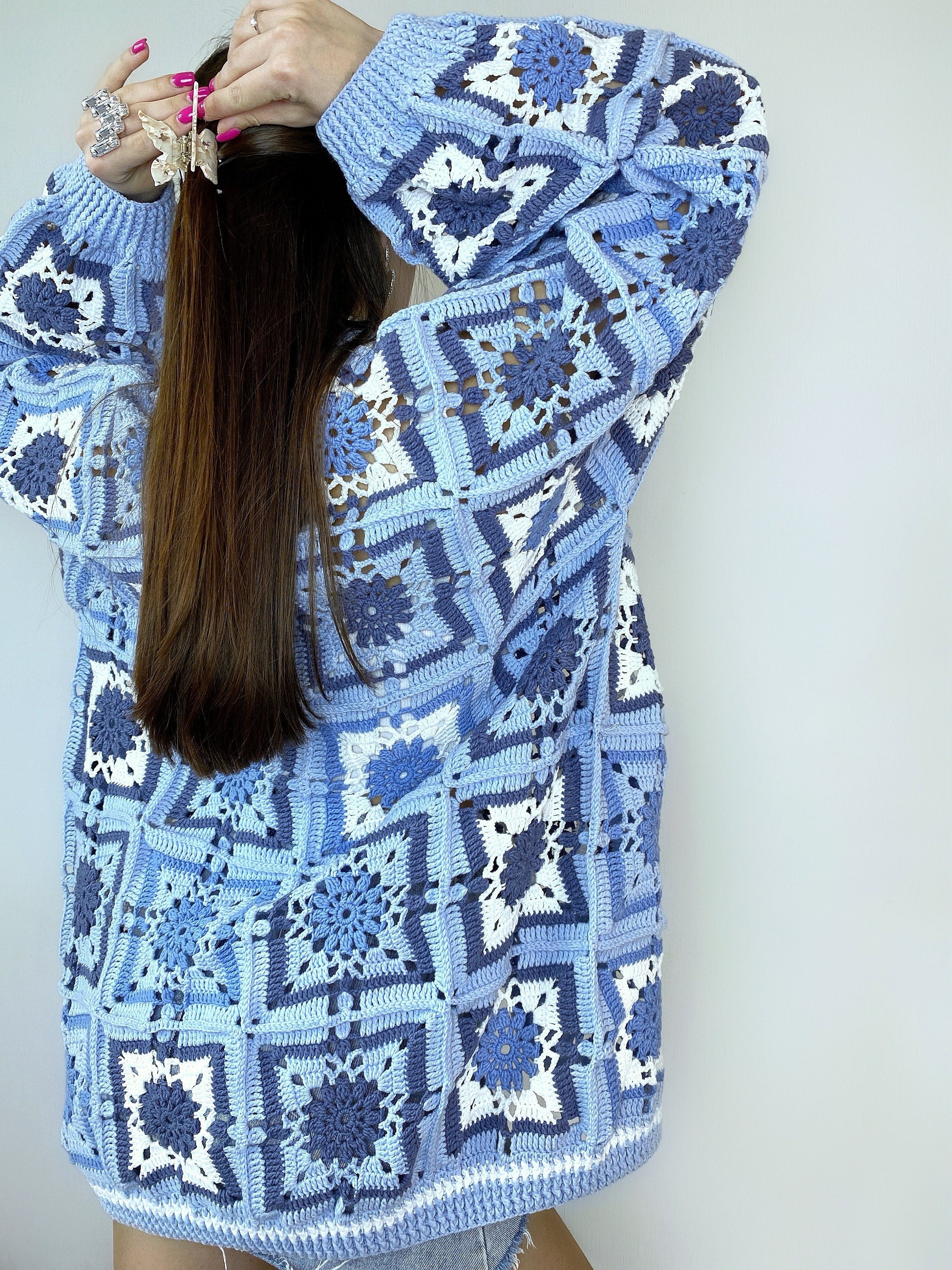 Crochet long colorful blue cardigan Crochet granny square cardigan Patchwork sweater women Jacket Coat Boho cardigan Afghan Coat Festival