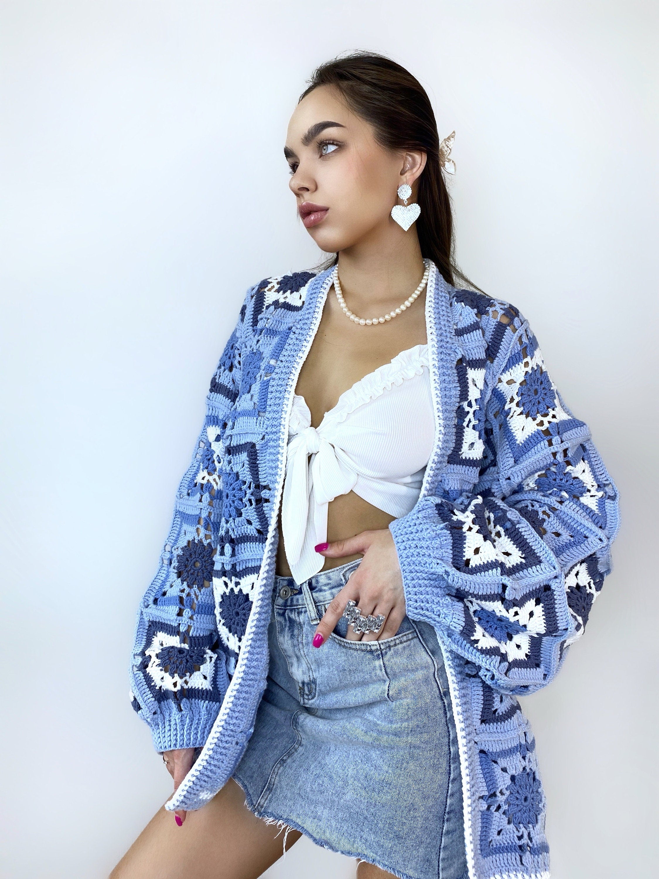 Crochet long colorful blue cardigan Crochet granny square cardigan Patchwork sweater women Jacket Coat Boho cardigan Afghan Coat Festival
