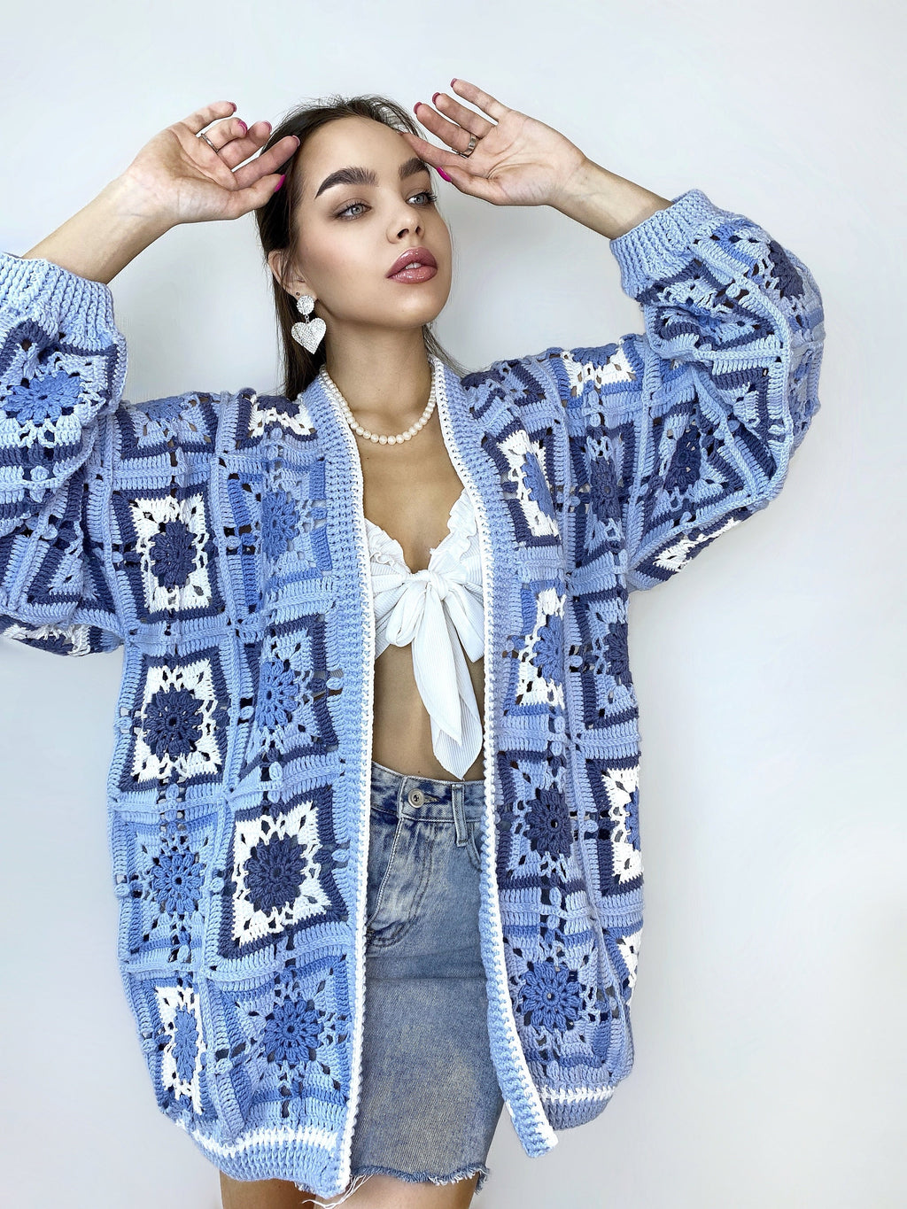 Crochet long colorful blue cardigan Crochet granny square cardigan Patchwork sweater women Jacket Coat Boho cardigan Afghan Coat Festival