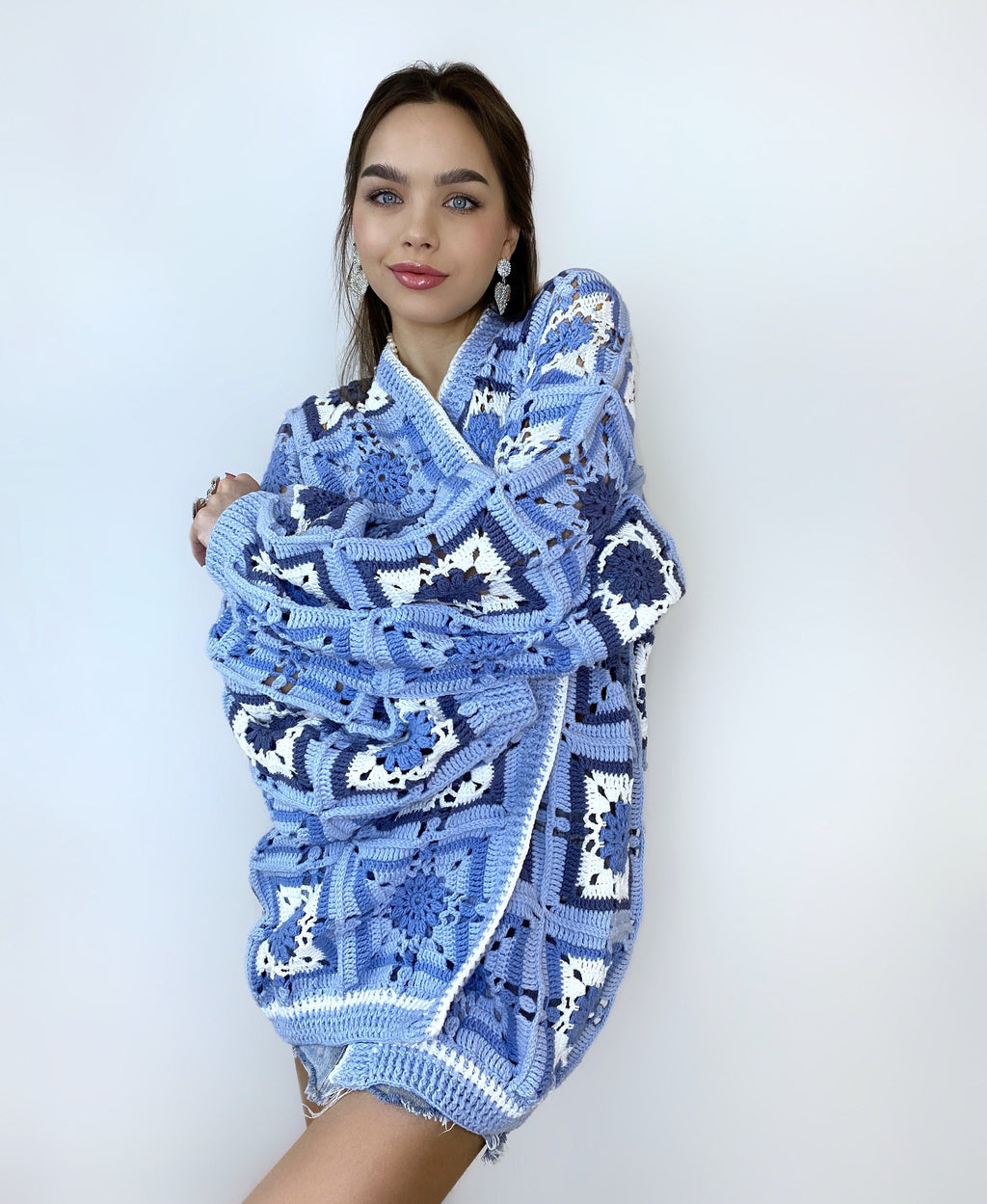 Crochet long colorful blue cardigan Crochet granny square cardigan Patchwork sweater women Jacket Coat Boho cardigan Afghan Coat Festival